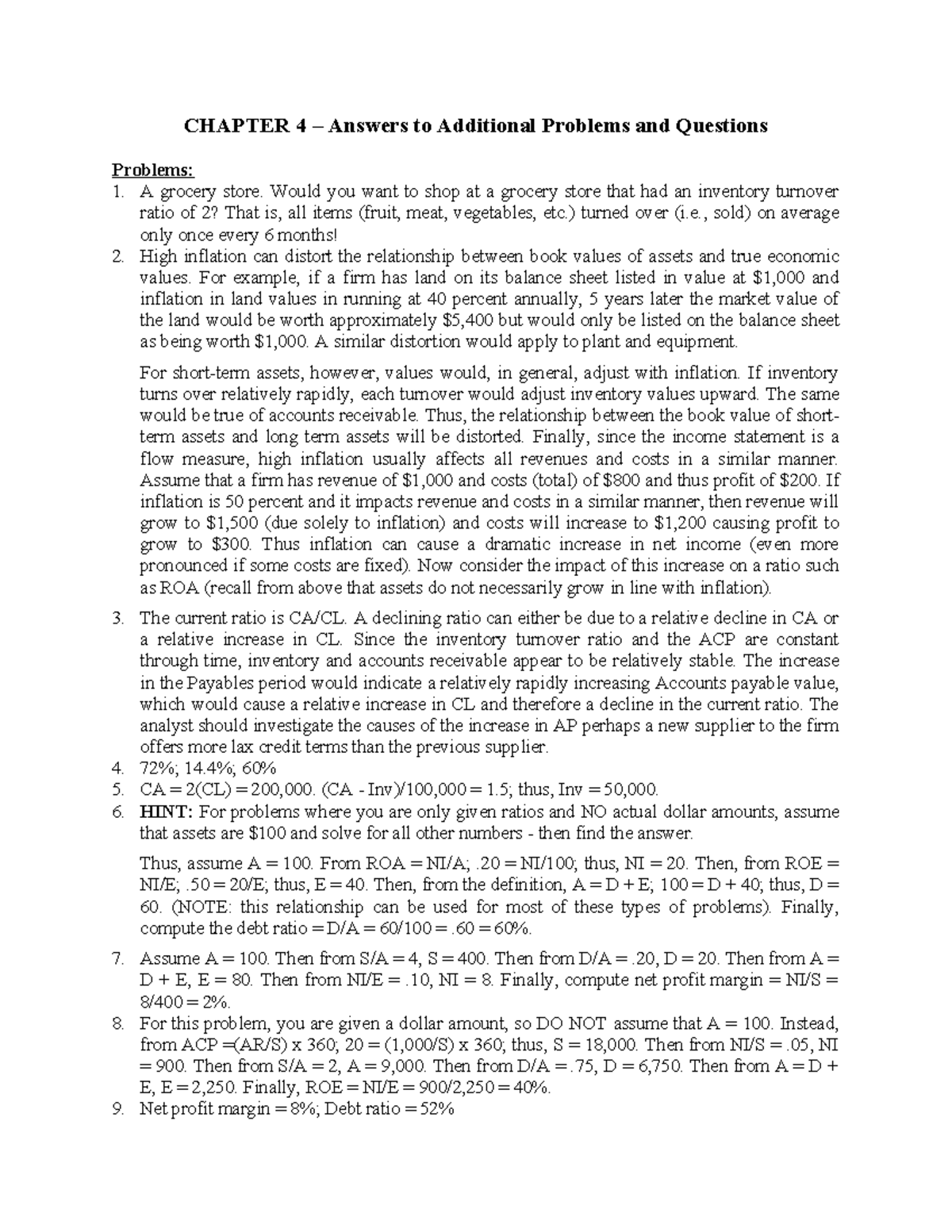 Chapter 4 - Solutions to End-of-Chapter Problems on Financial Ratios ...