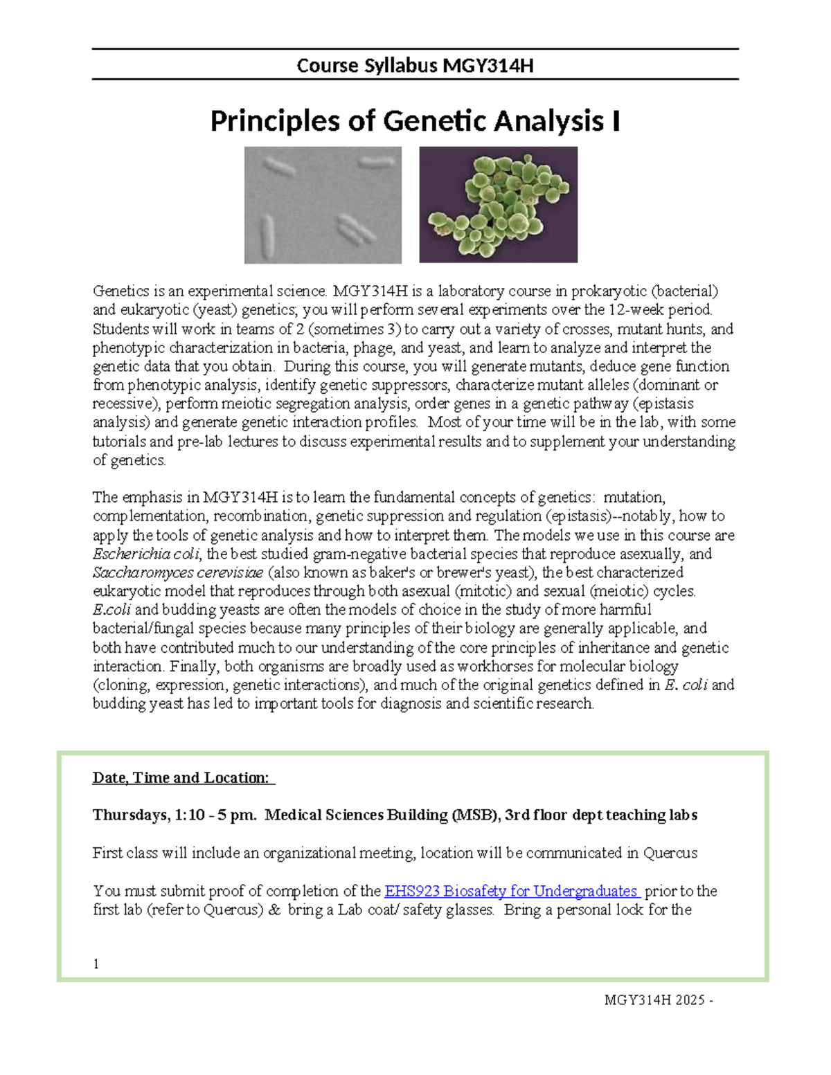 MGY314H 2025 Course Syllabus: Principles of Genetic Analysis I - Studocu