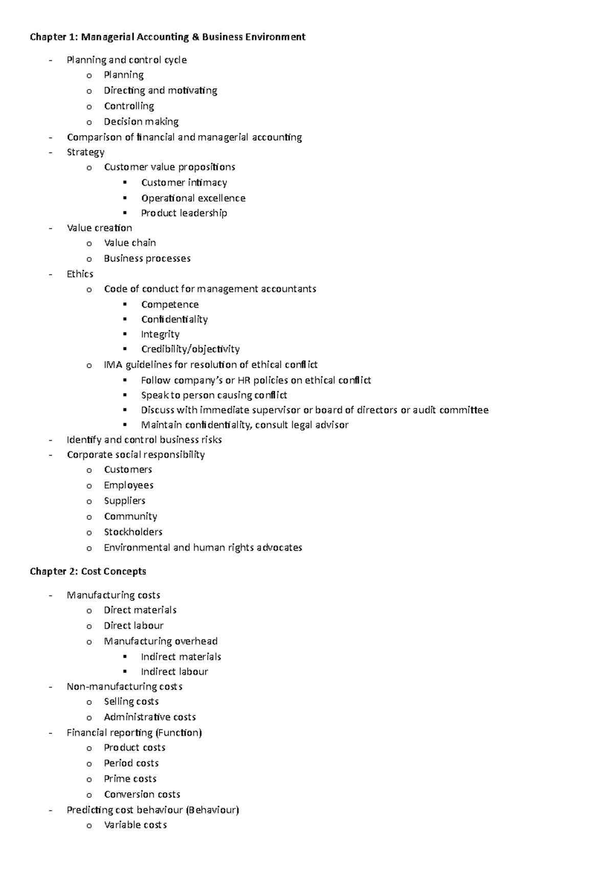 MA - Summary of Key Concepts in Management Accounting Chapters 1-10 ...