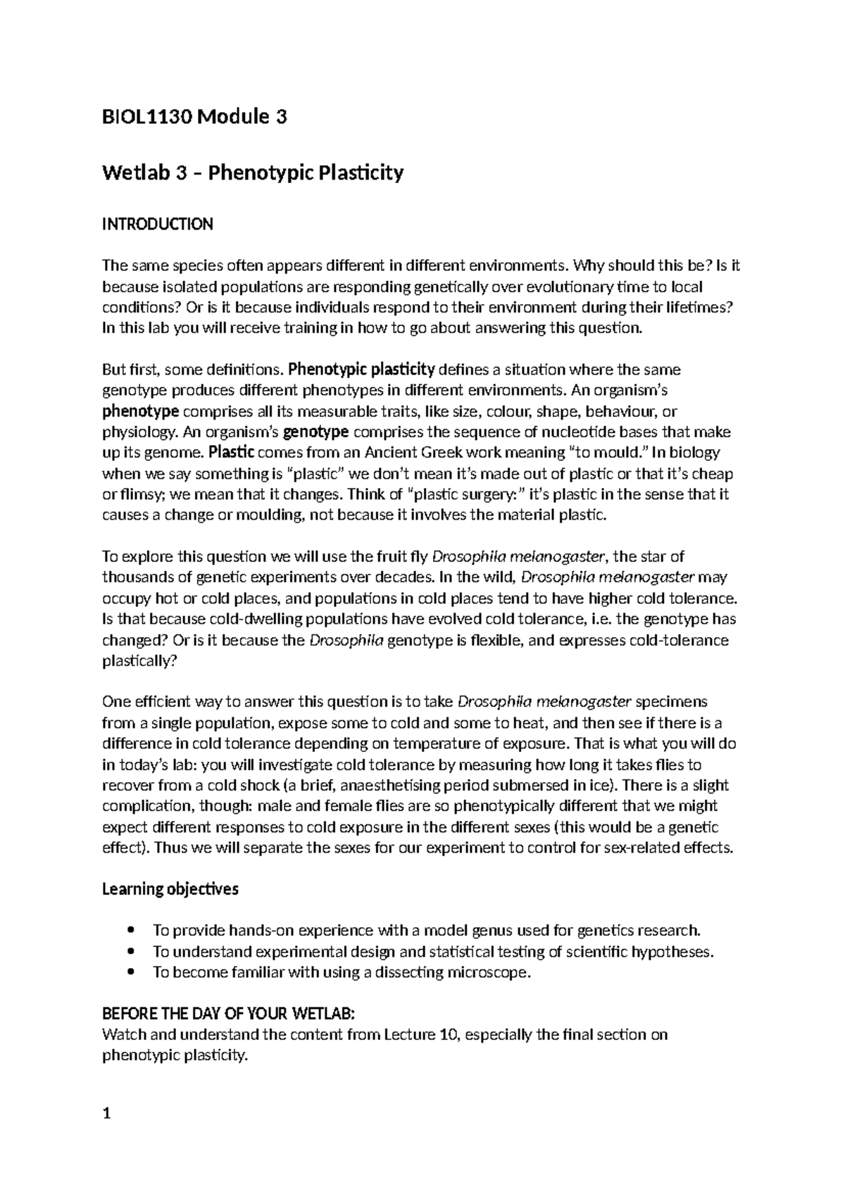 BIOL1130 WL3 2025 Wetlab: Investigating Phenotypic Plasticity in ...