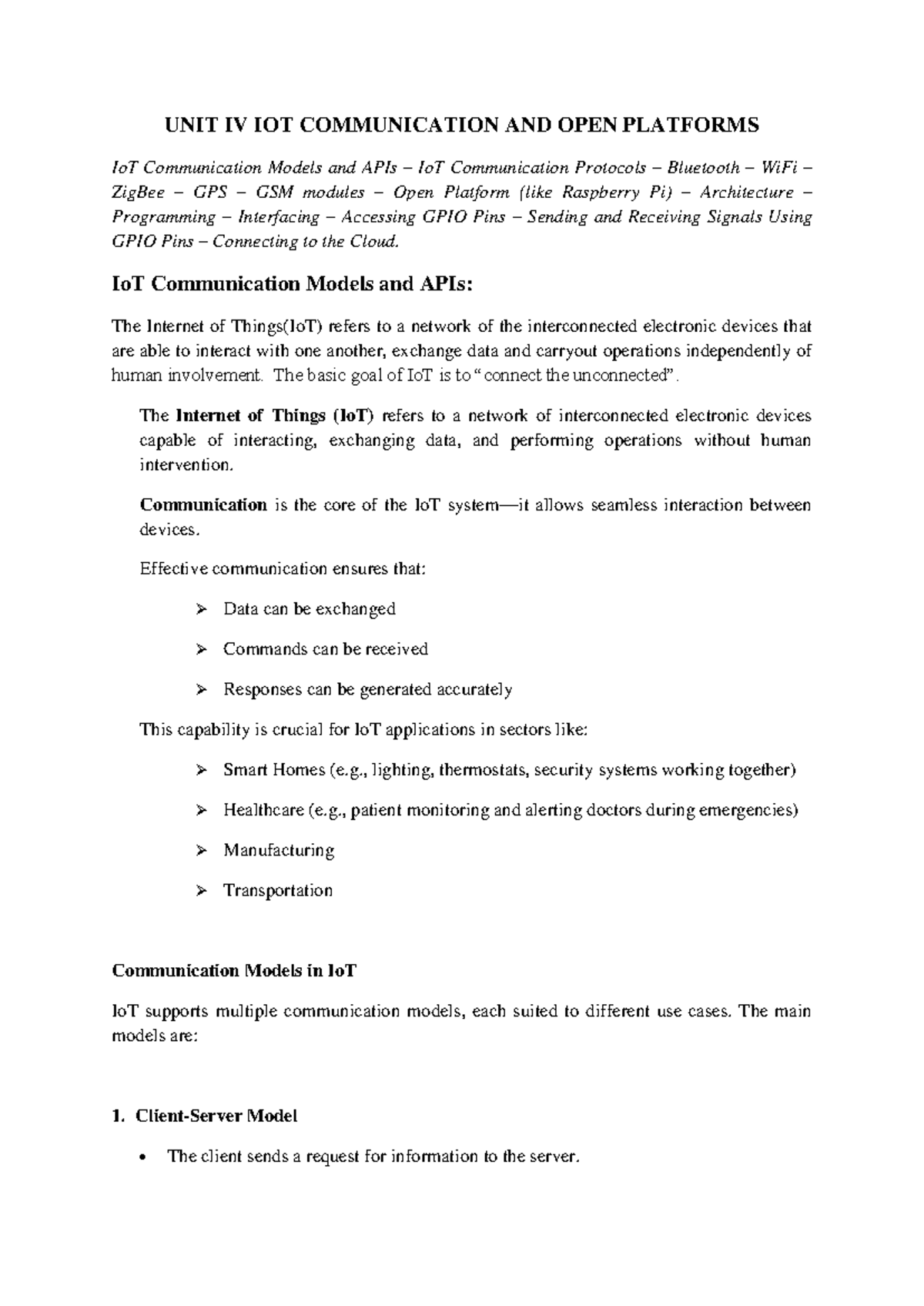 Emb5 - Unit IV IoT Communication Models & Open Platforms Overview - Studocu