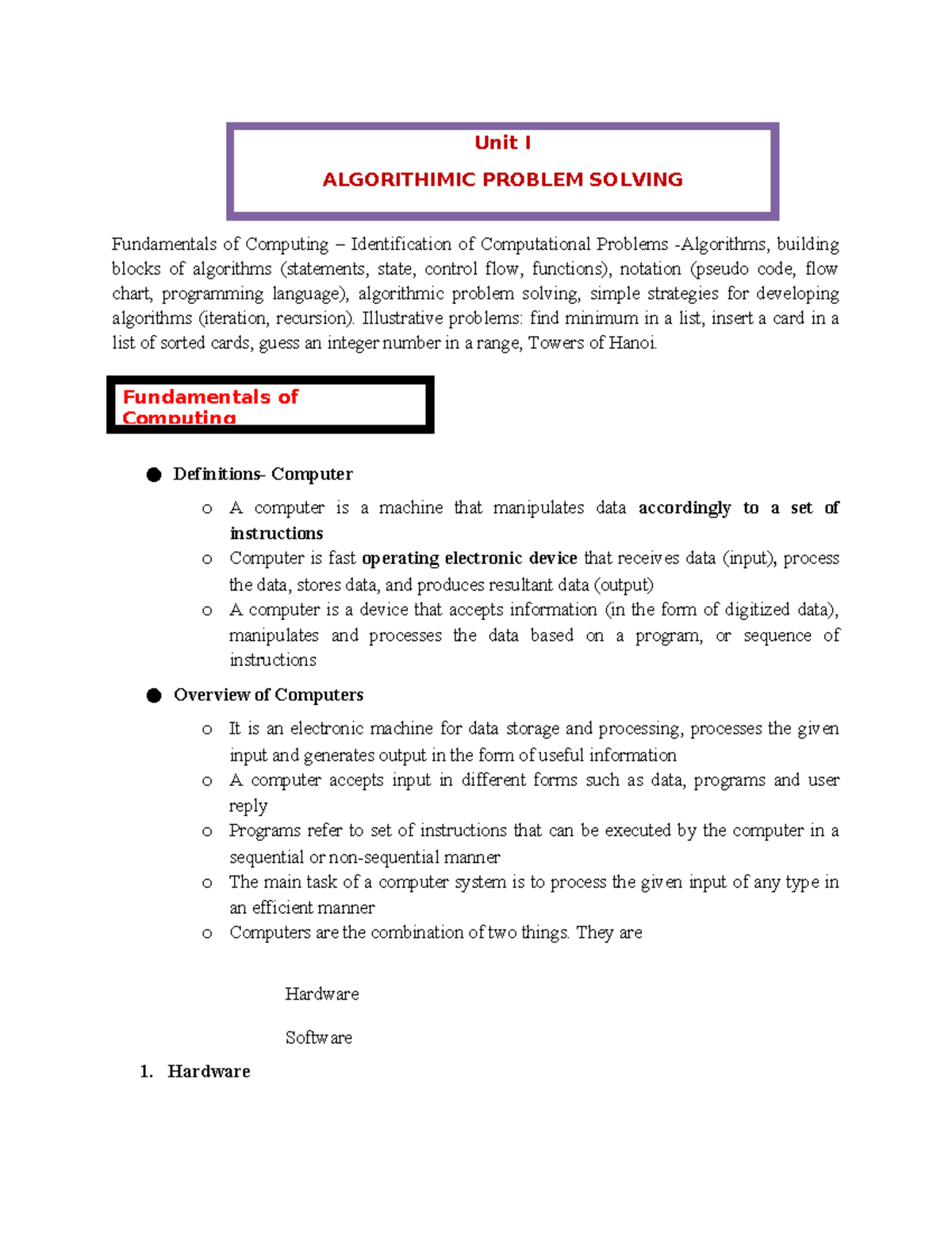 Unit I: Algorithmic Problem Solving & Fundamentals of Computing - Studocu