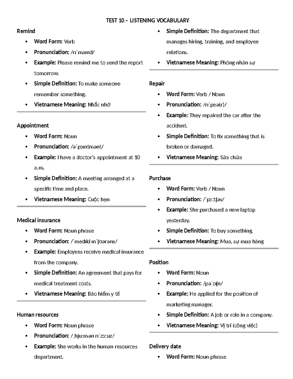 Test 10 - Listening Vocabulary and Definitions - Studocu