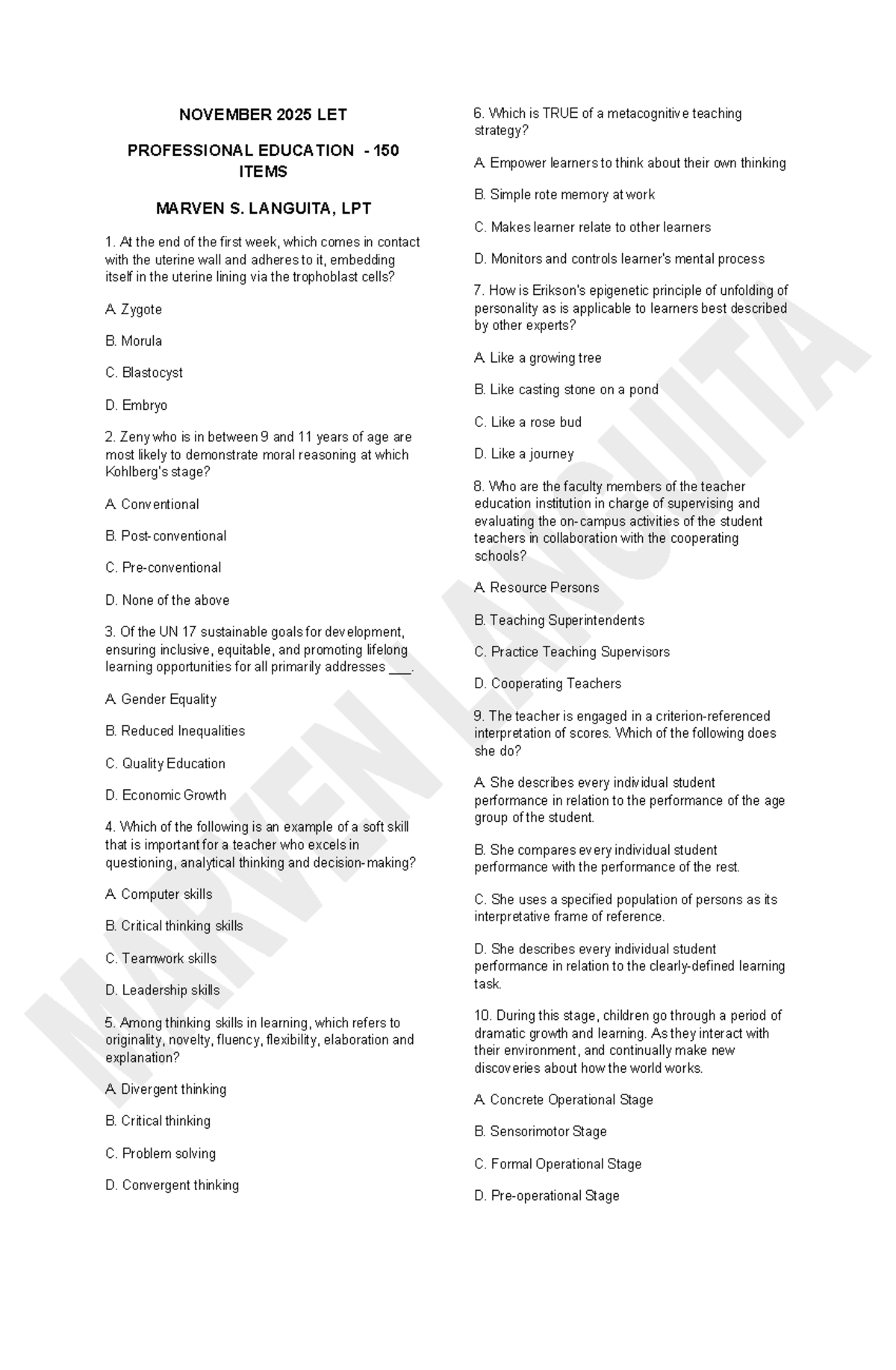 PROF ED Nov 2025 LET - 150 Items Review for Professional Education ...