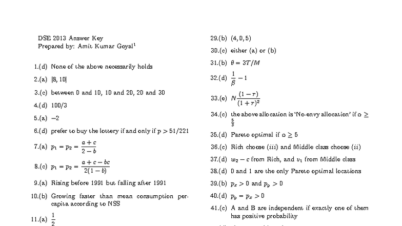 DSE 2013 Answer Key: Comprehensive Solutions by Amit Kumar Goyal - Studocu