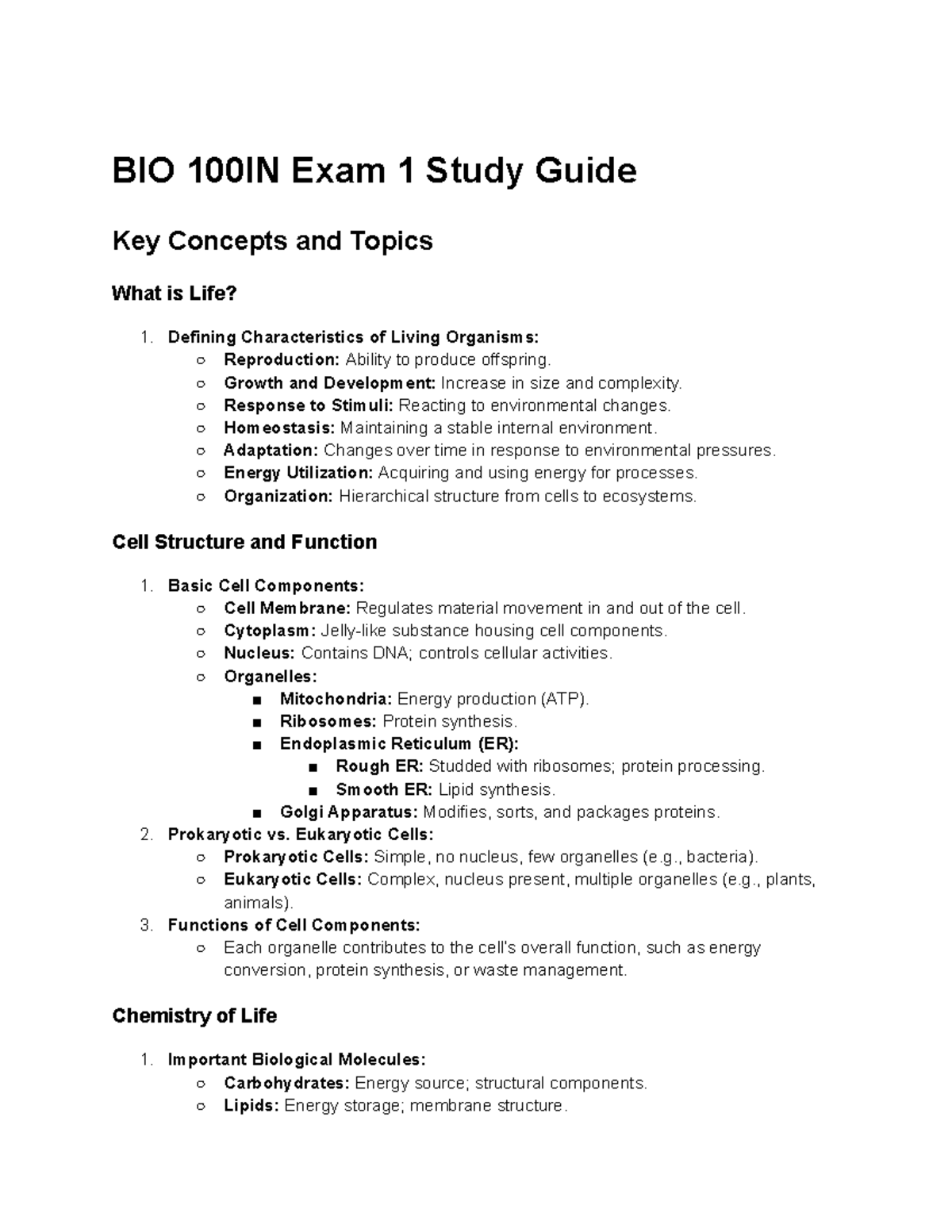 BIO 100 Study Guide 2 - BIO 100IN Exam 1 Study Guide Key Concepts and ...