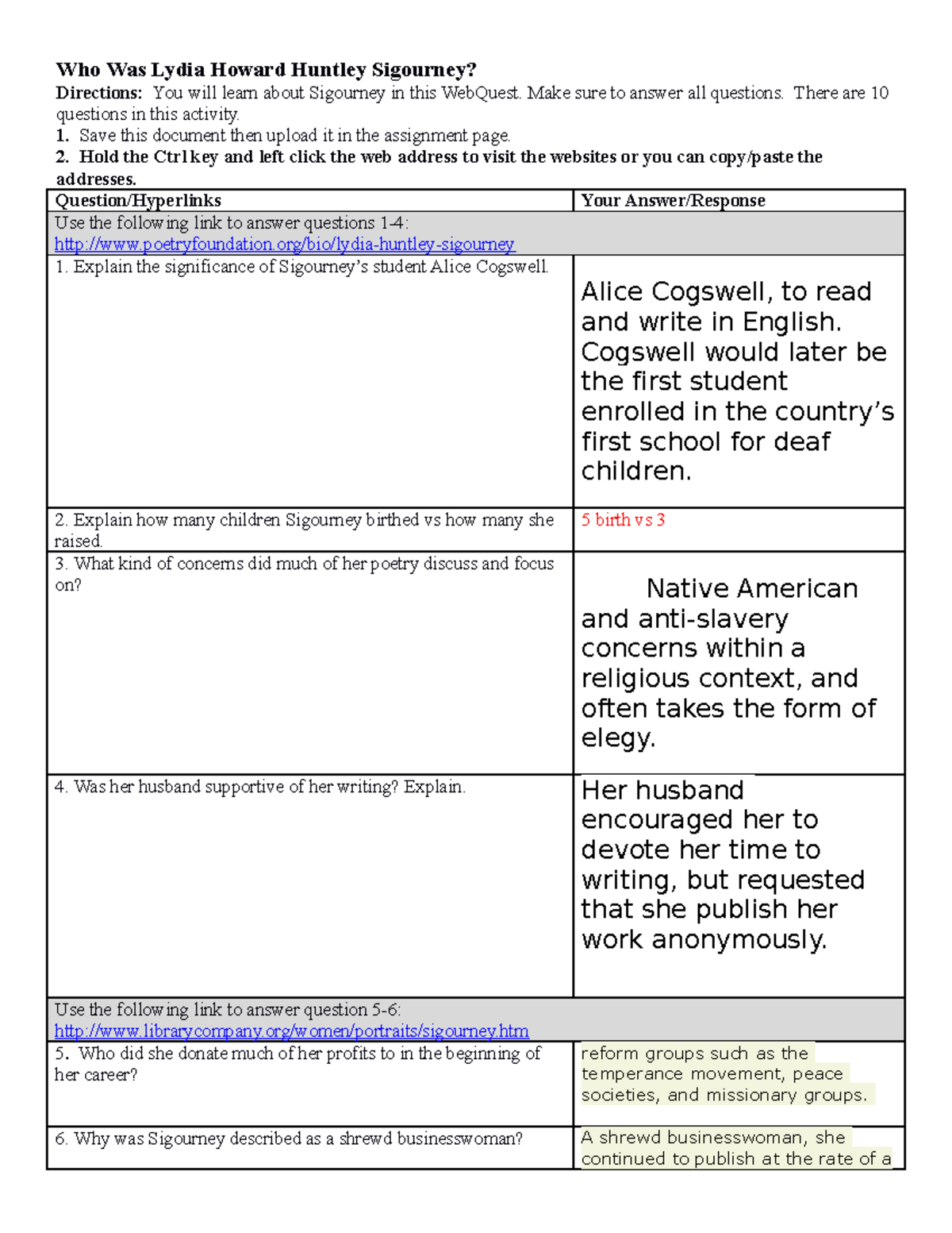 Lydia Howard Huntley Sigourney WebQuest Activity Guide - Studocu
