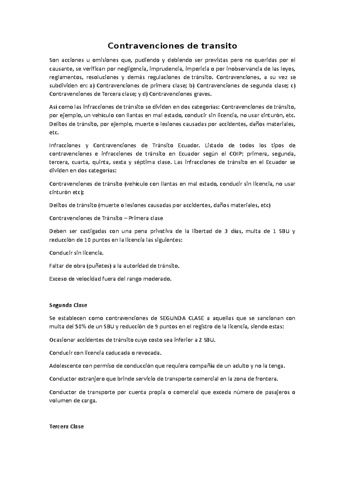 Contravenciones de Tránsito en Ecuador: Clasificación y Sanciones - Studocu