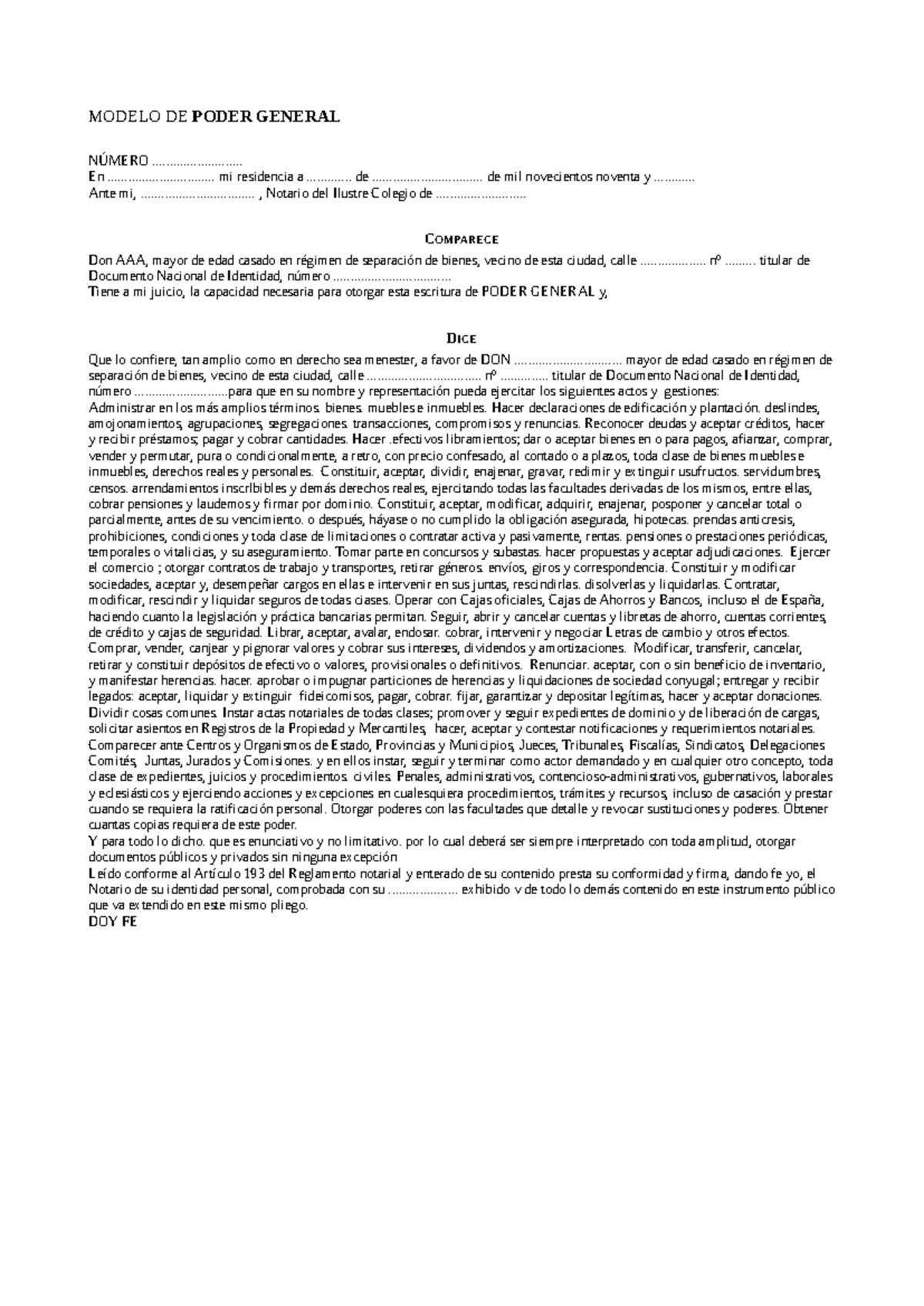 Modelo de Poder General Notarial - Documento Legal - Studocu