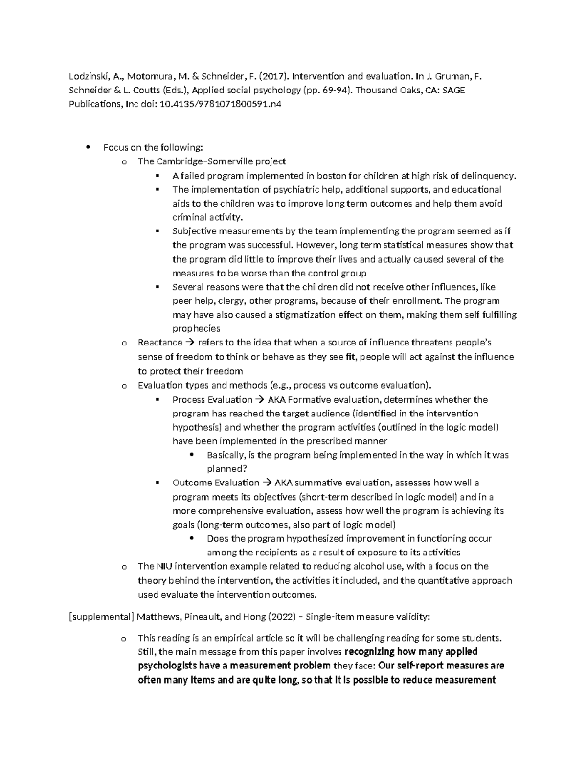Week 2 - Lecture Notes on Intervention Evaluation (PSY 101) - Studocu