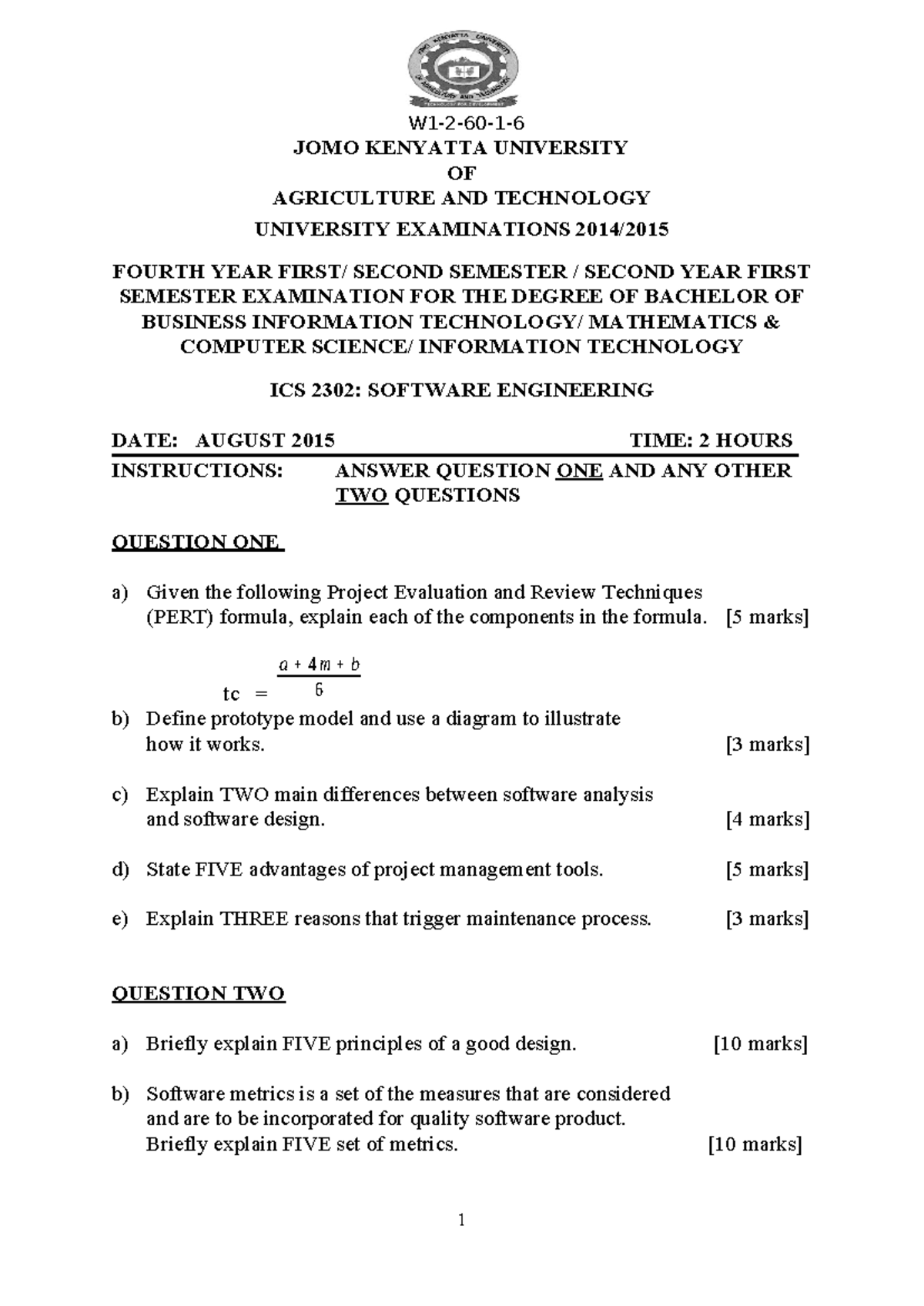 ICS 2302: Software Engineering Exam Notes - August 2015 - Studocu