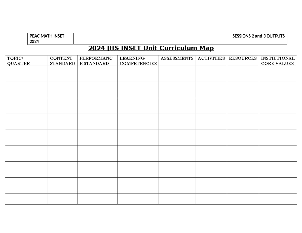 PEAC MATH INSET 2024: Curriculum Map for Sessions 2 & 3 Outputs - Studocu