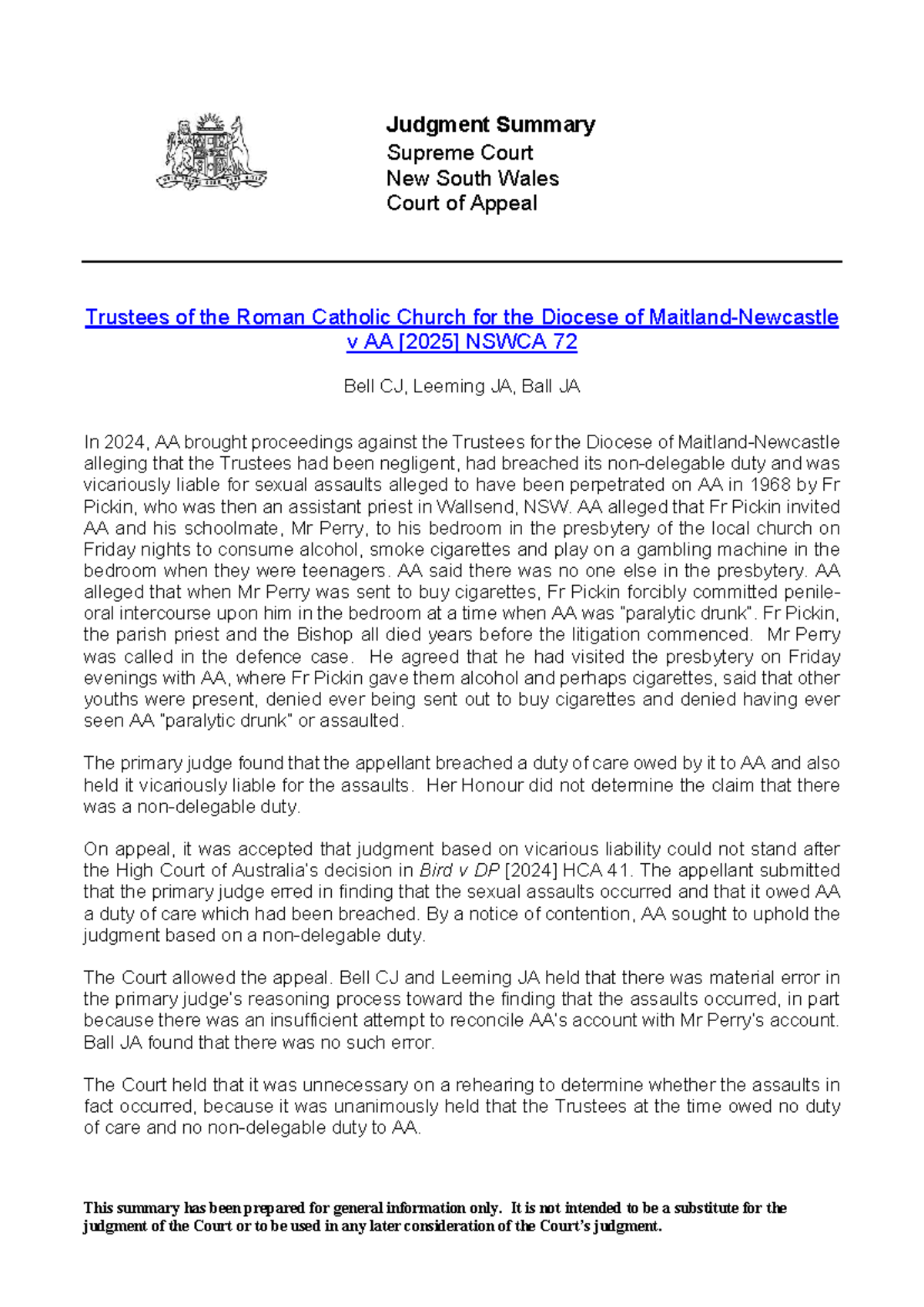 Judgment Summary: Trustees of the Roman Catholic Church v AA [2025 ...