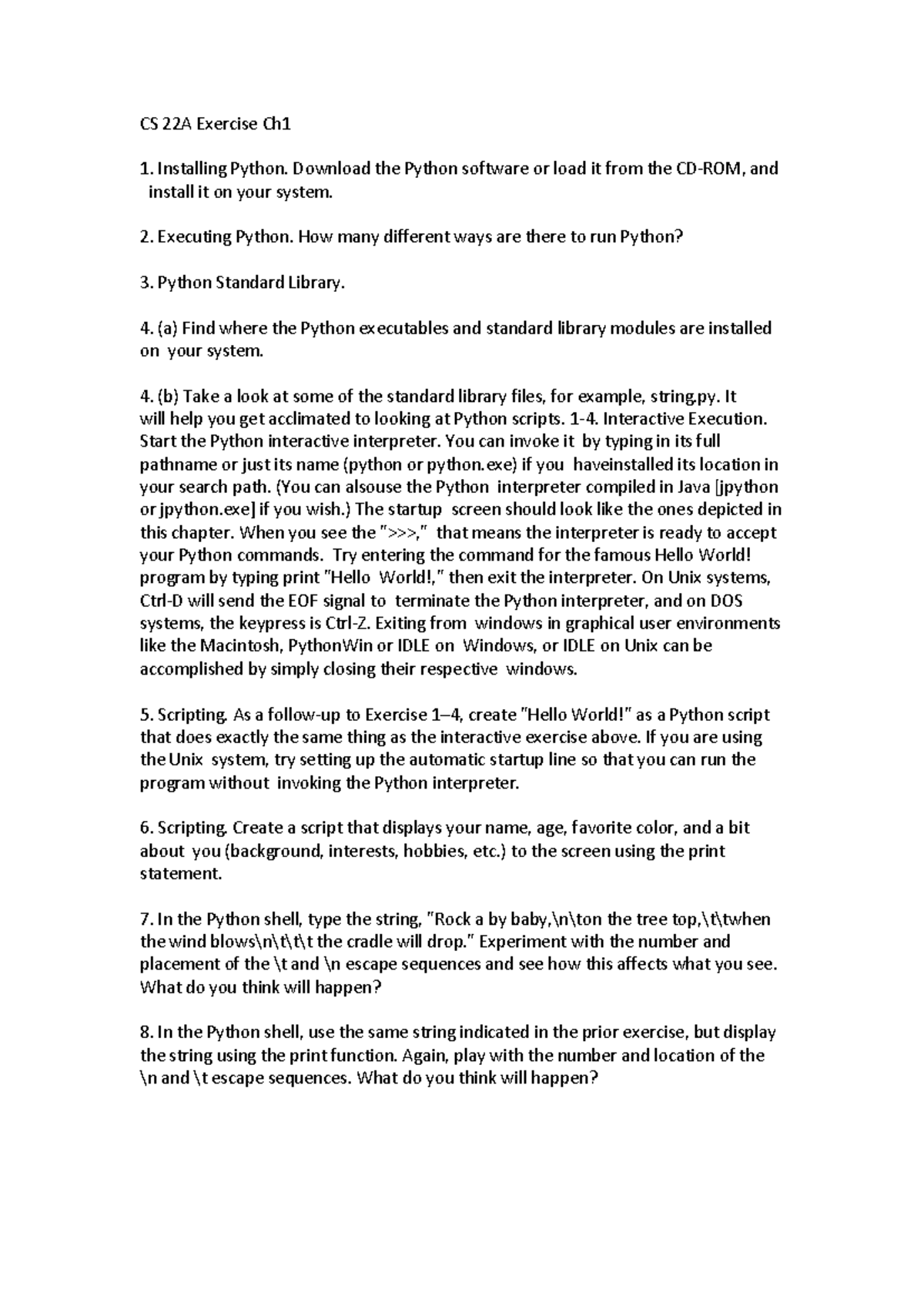 CS 22A Exercise Chapter 1 Overview: Installing and Executing Python ...