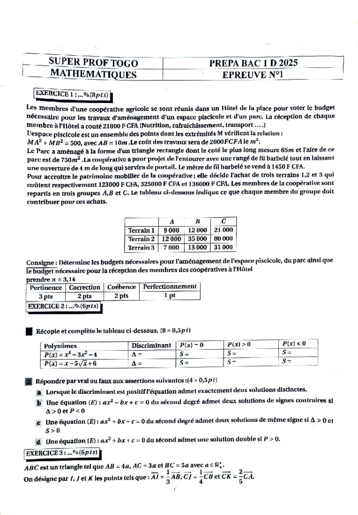 SUPER PROF TOGO PREPA BAC 1 D 2025 MATHEMATIQUES EPREUVE EXERCICE 1 ...