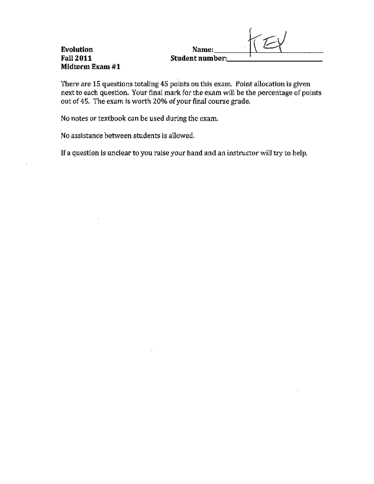 Exam 2011, questions and answers - Evolution Name: Fall 2011 Student ...