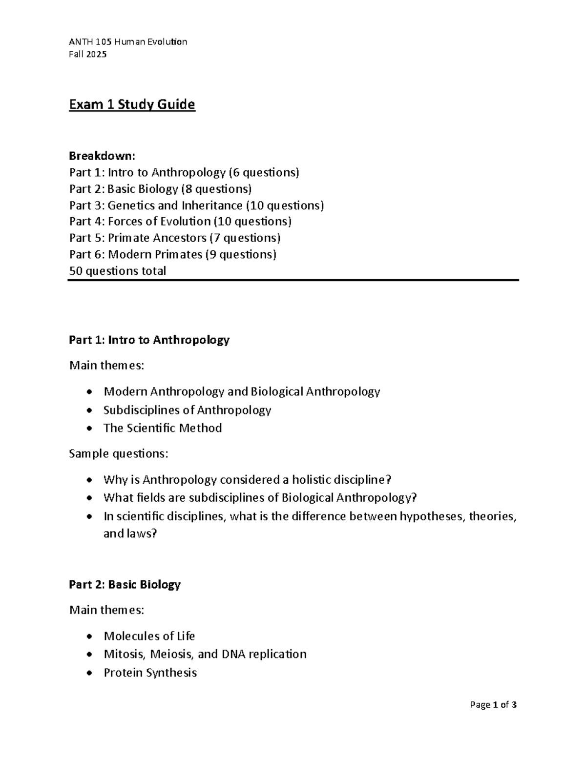 ANTH 105 Human Evolution Fall 2025 Midterm Exam 1 Study Guide - Studocu