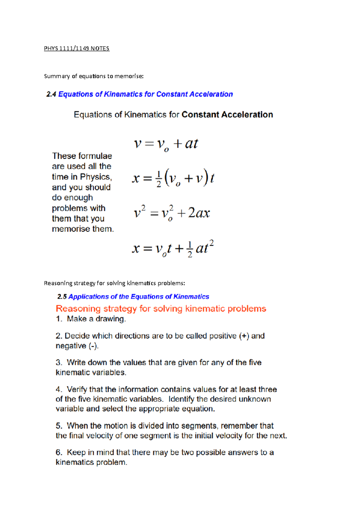 PHYS 1111 Final Exam Study Notes: Equations and Concepts Summary - Studocu