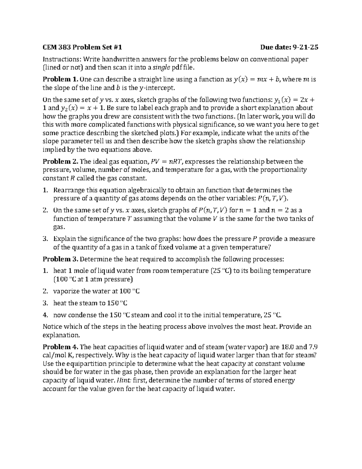 CEM 383 Problem Set #1: Handwritten Solutions and Explanations - Studocu
