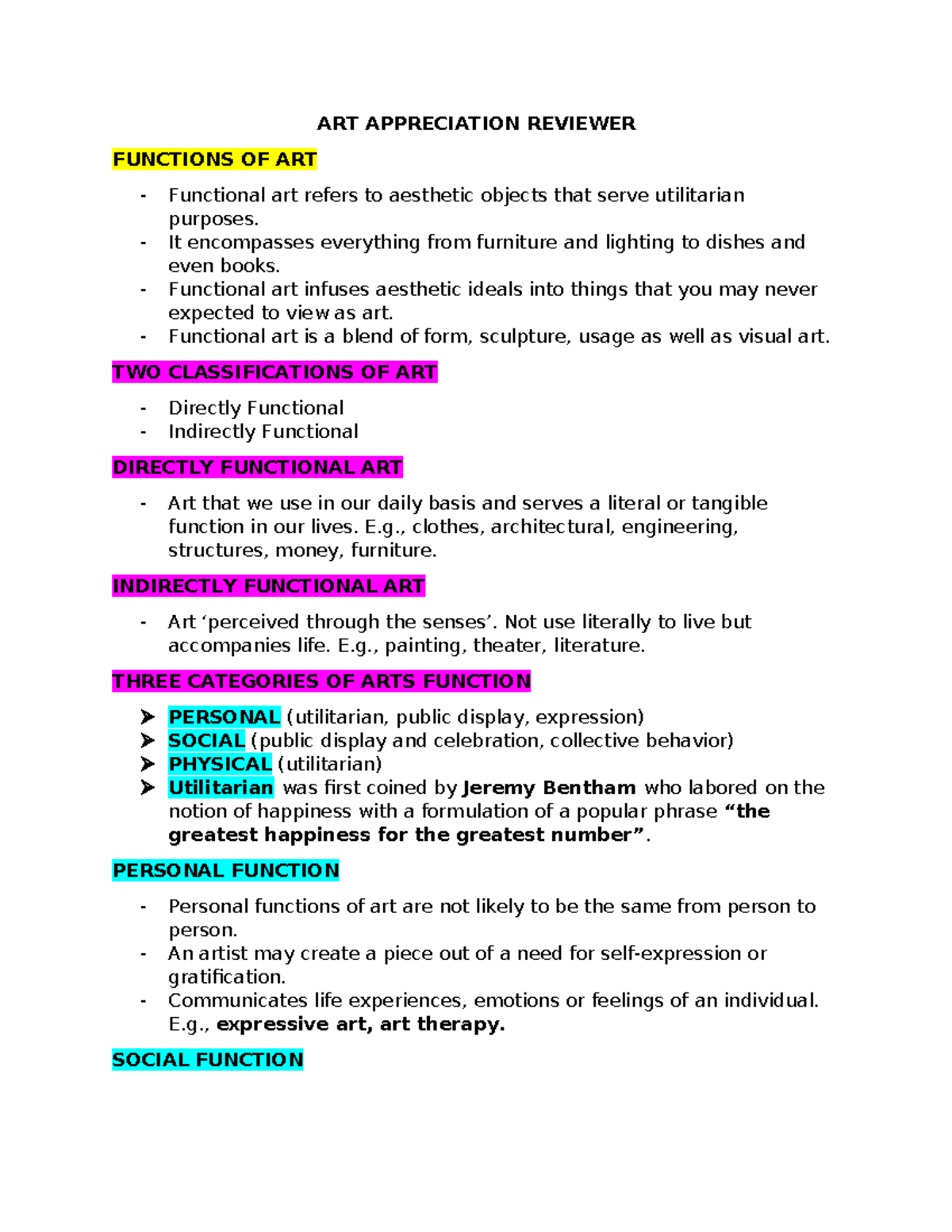 ART Appreciation Reviewer: Functions and Theories of Art - Studocu