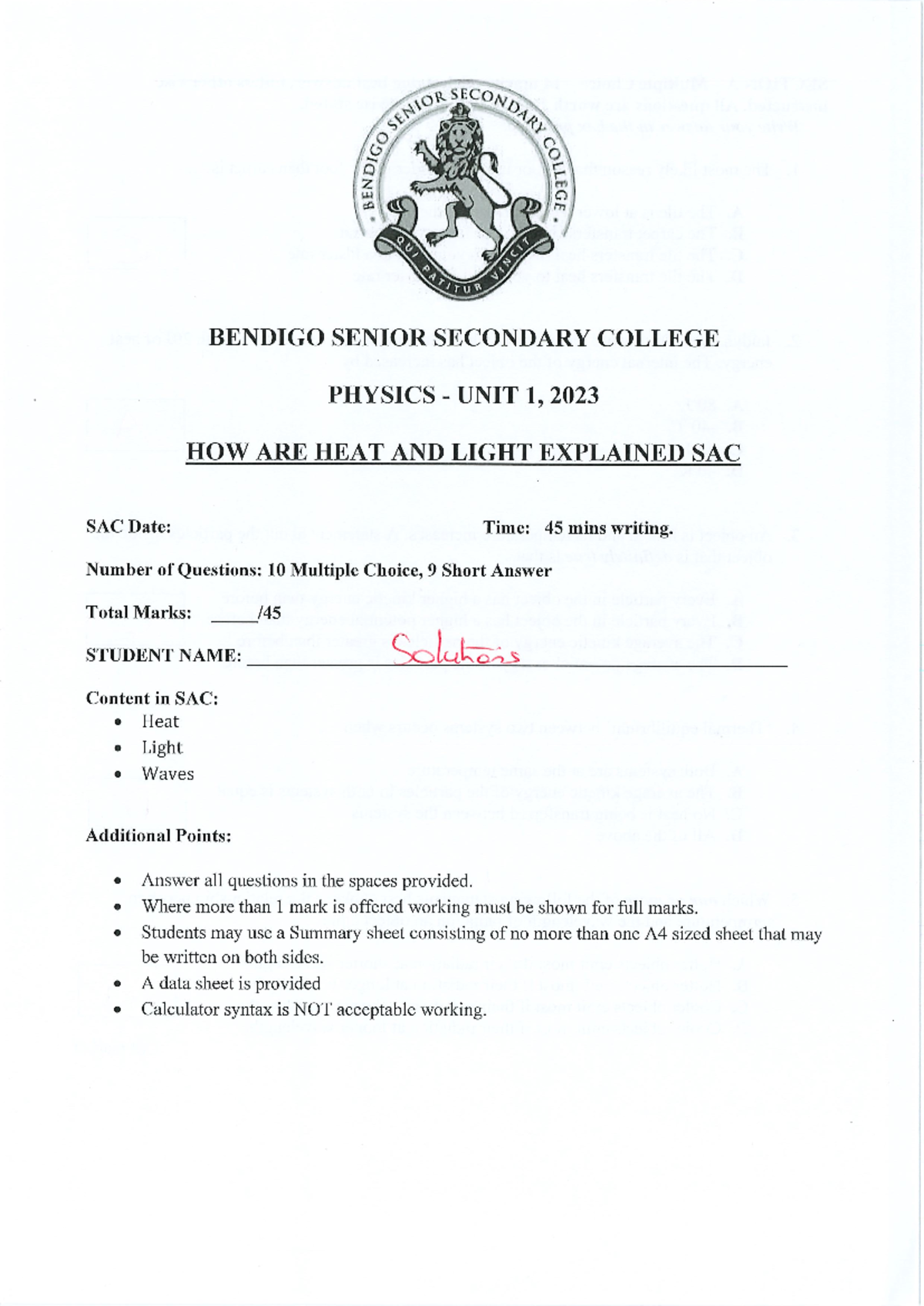 PHYSICS UNIT 1 2025: Practice Solutions for Light & Heat SAC - Studocu