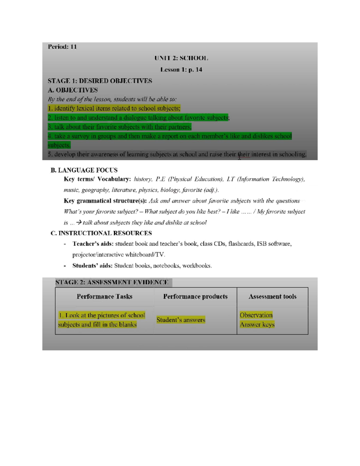 UNIT 2: SCHOOL Lesson 1 Objectives and Activities Overview - Studocu