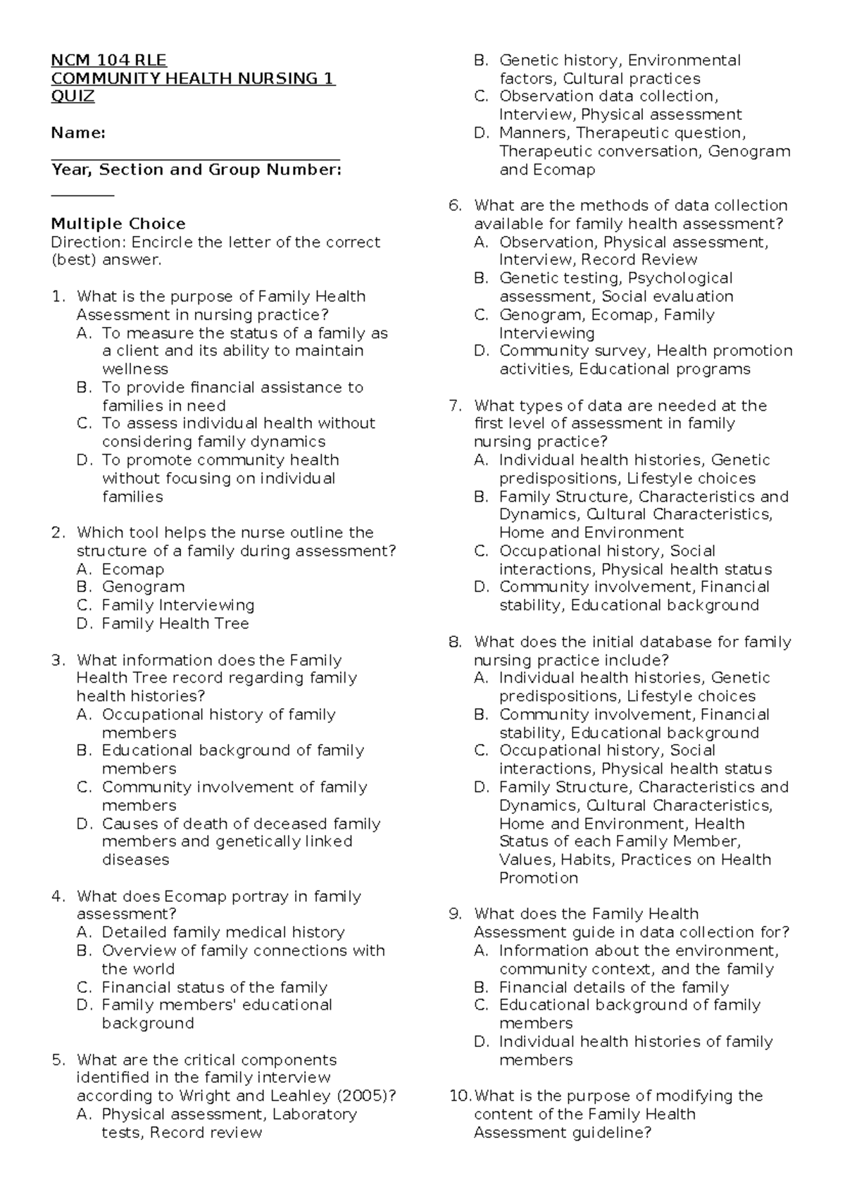 NCM 104 RLE Community Health Nursing Quiz - Family Health Assessment ...