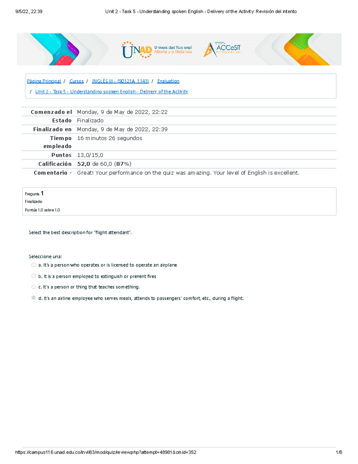 Unit 2 - Task 5 - Understanding Spoken English Quiz Results - Studocu