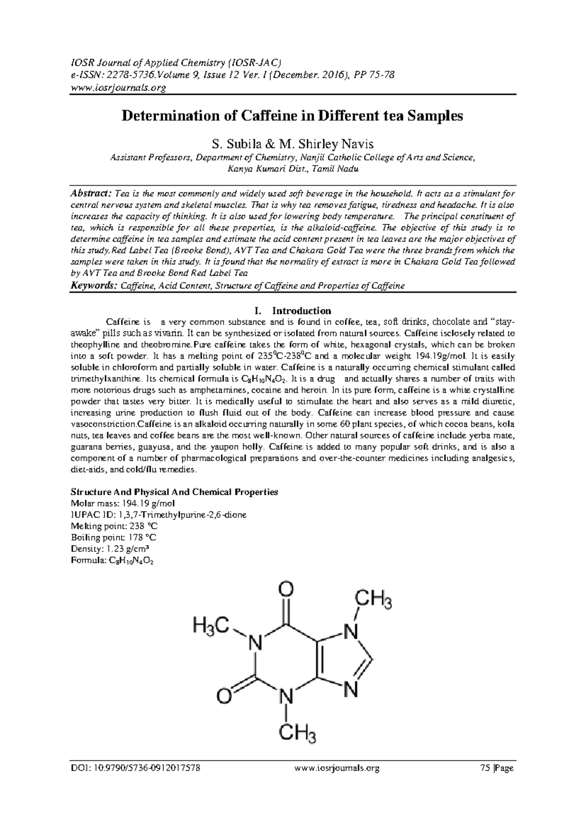 Determination of Caffeine in Tea Samples: A Study (IOSR Chem 9(12 ...
