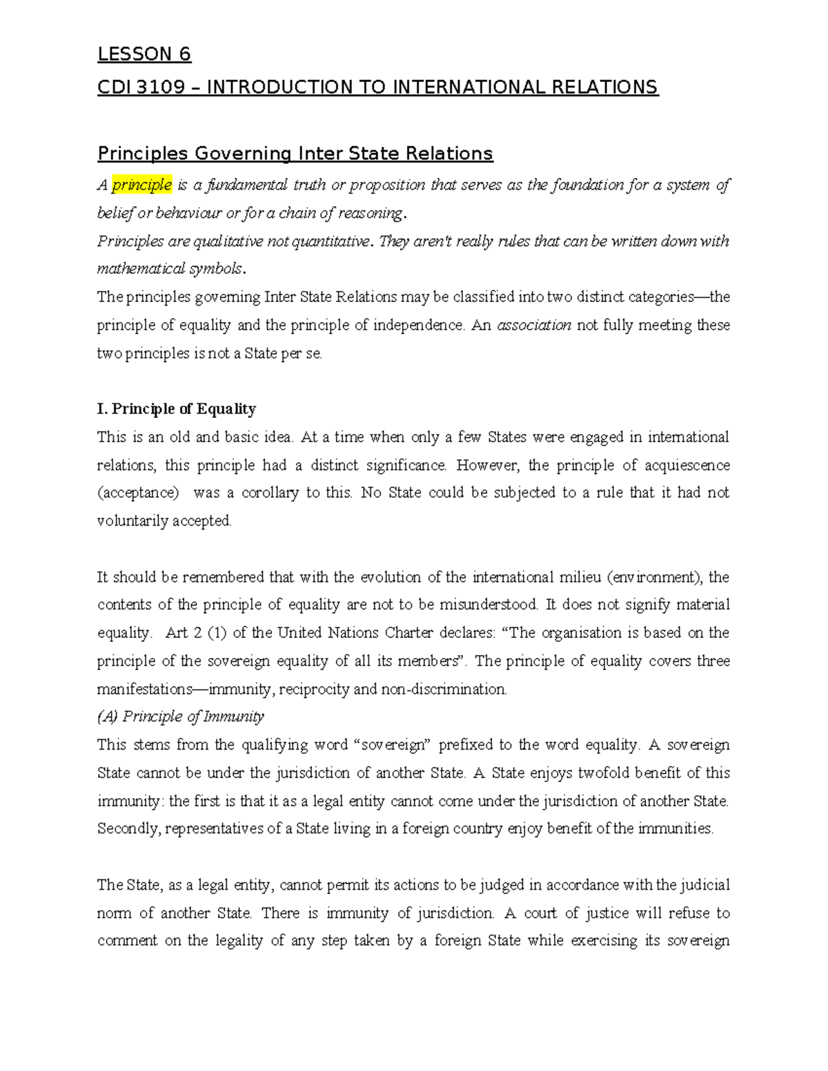 LESSON 6 CDI 3109 PRINCIPLES OF INTERSTATE RELATIONS - Studocu