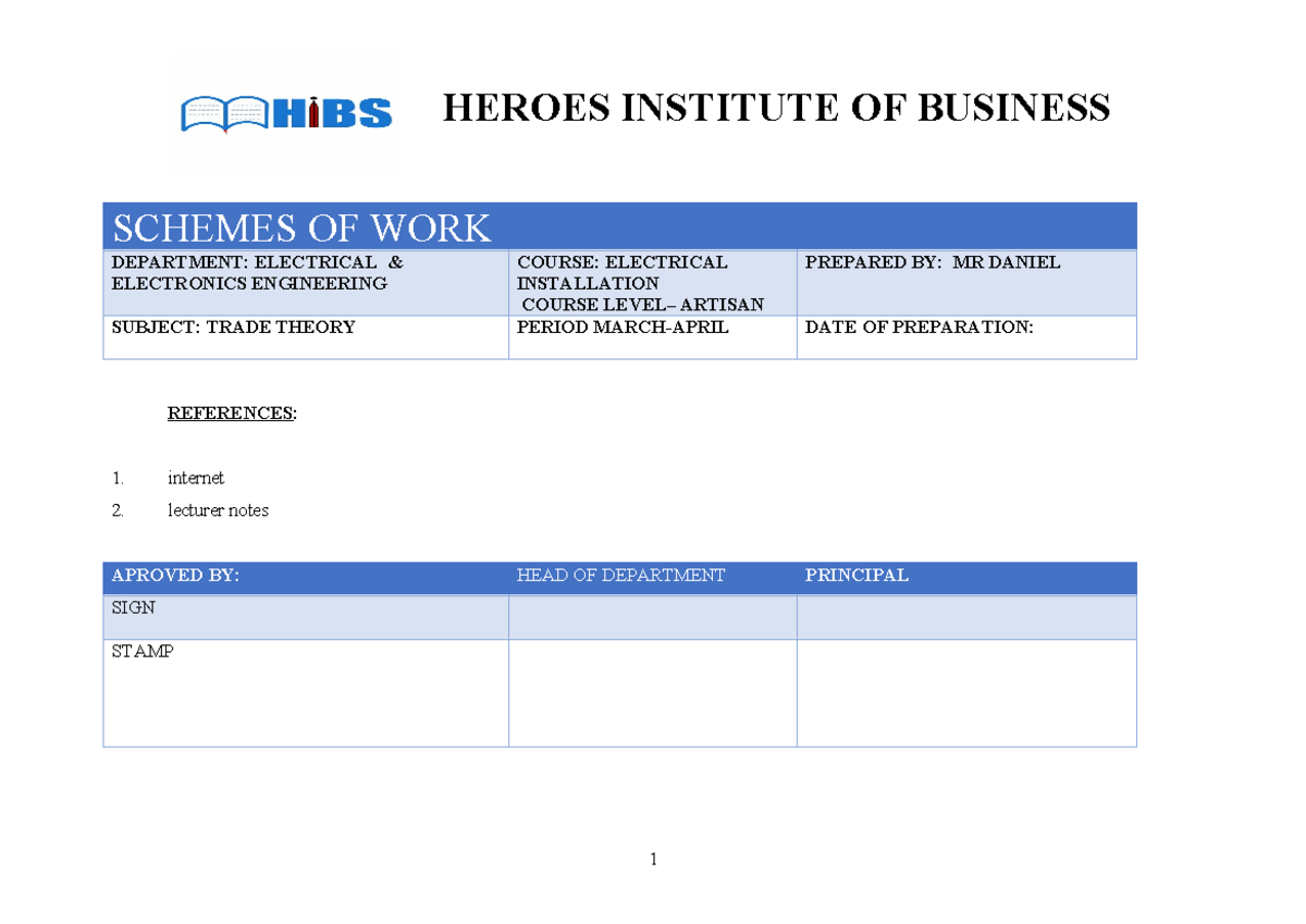 Electrical Installation Course Artisan: Scheme of Work Overview - Studocu