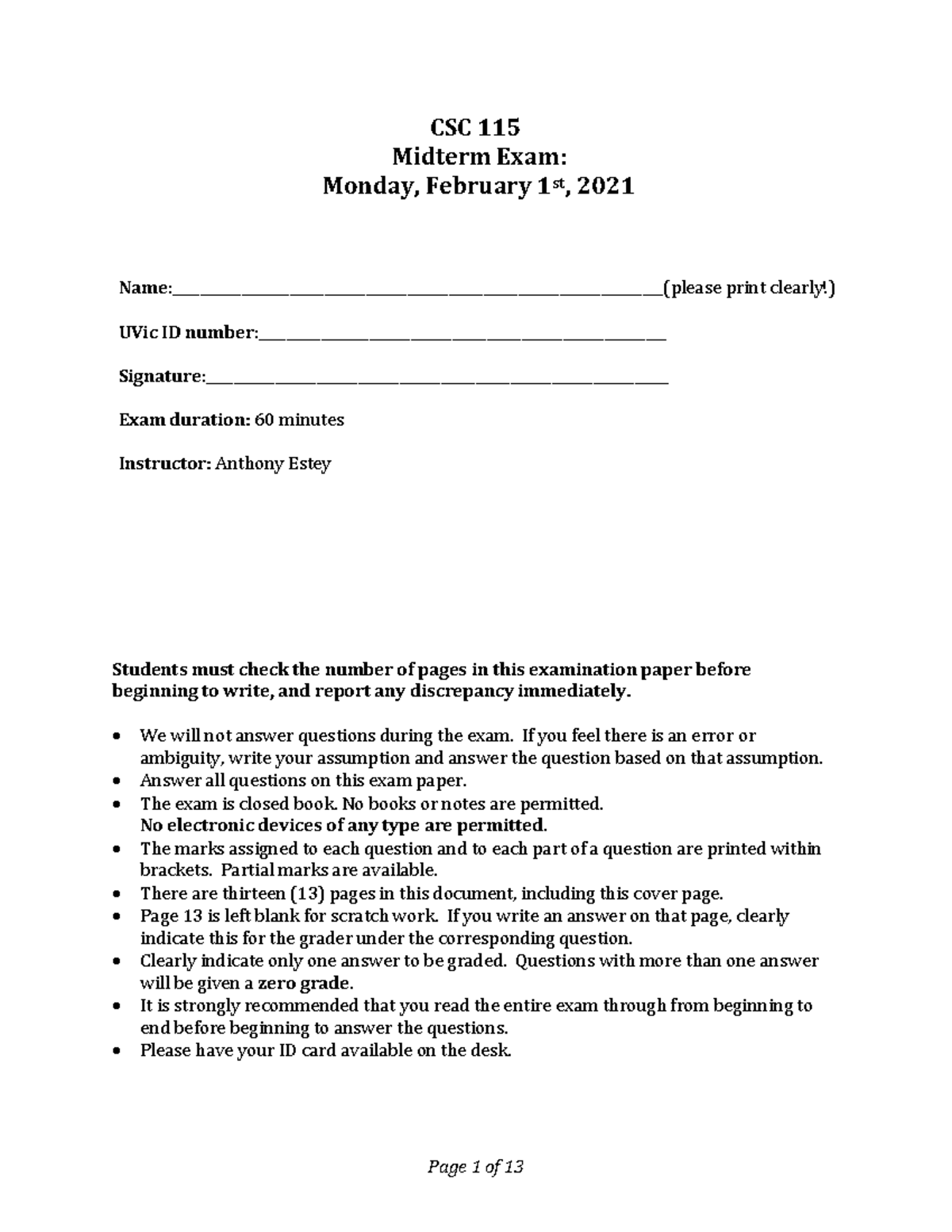 CSC 115 Midterm Exam Solutions - Spring 2021 - Studocu