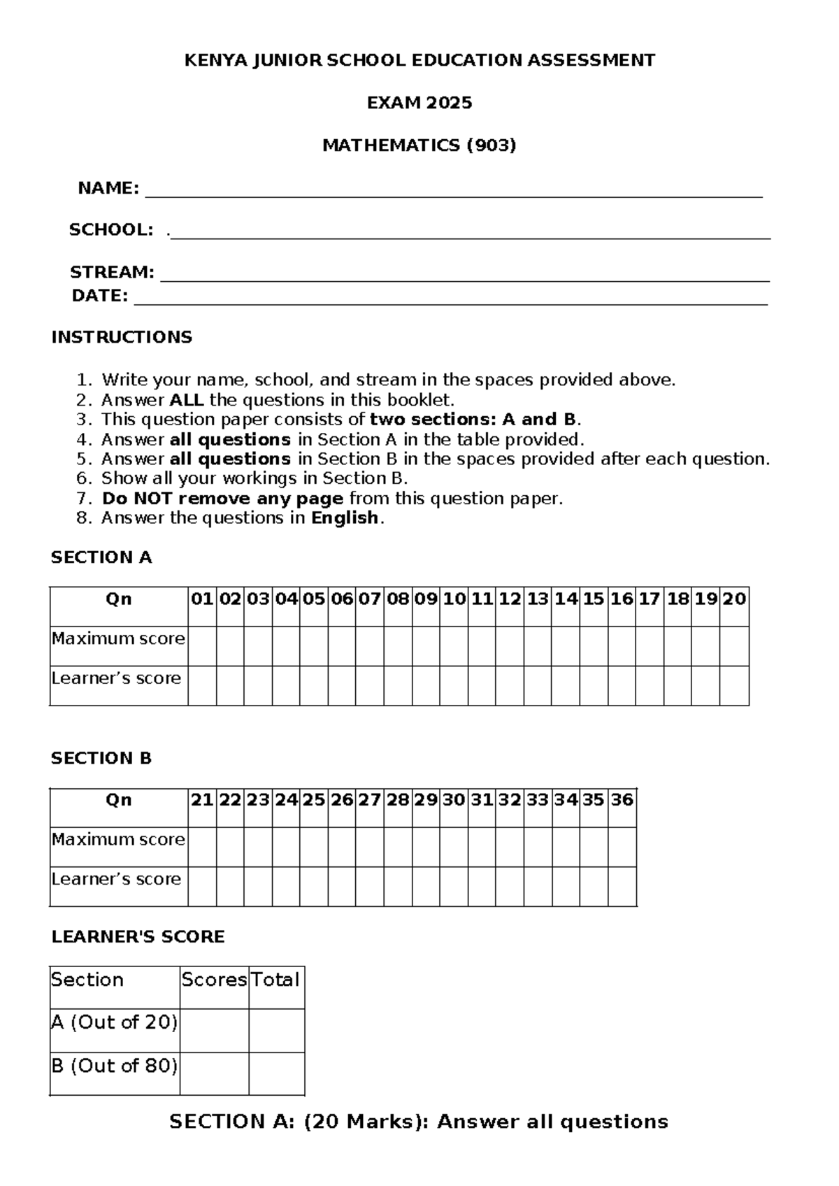 G9 Mathematics Assessment Exam 2025 (903) - Studocu