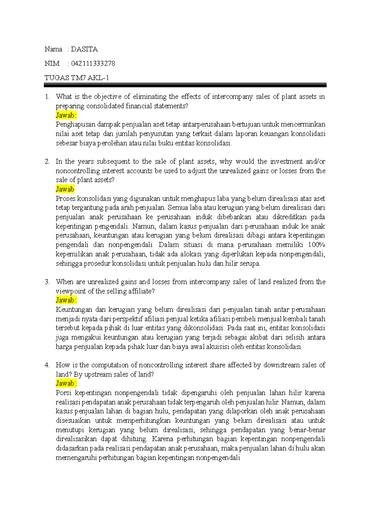 Tugas Pertemuan 7 - AKL1: Konsolidasi Laporan Keuangan dan Aset - Document Preview