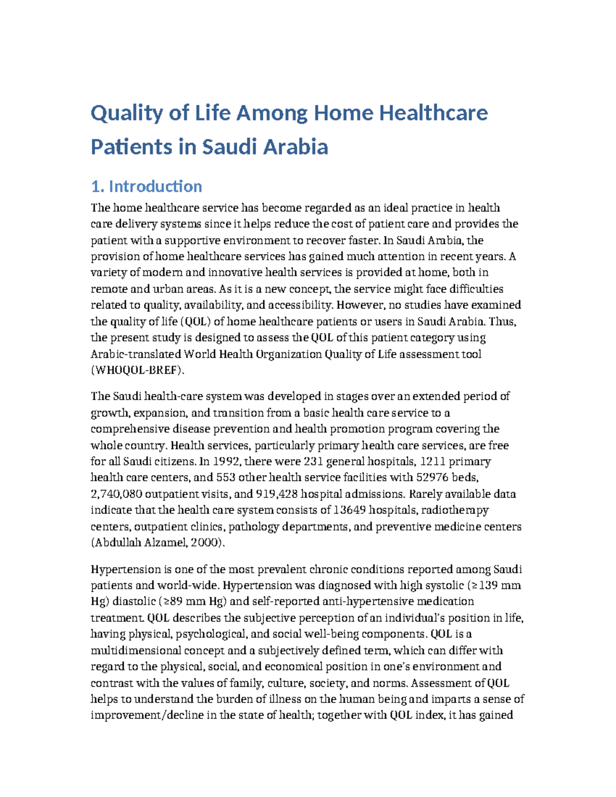 Quality of Life Assessment for Home Healthcare Patients in Saudi Arabia ...