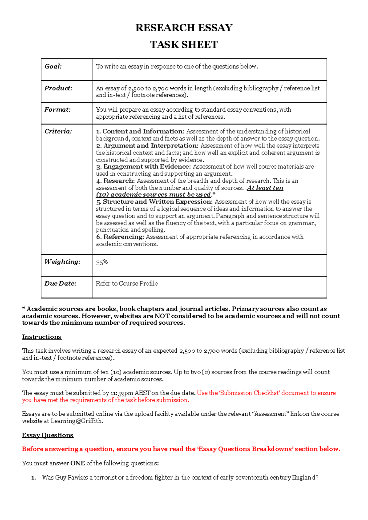 Research Essay Task Sheet: Guidelines for Historical Analysis - Studocu