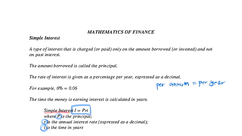 MATHEMATICS OF FINANCE: Notes on Simple & Compound Interest - Studocu