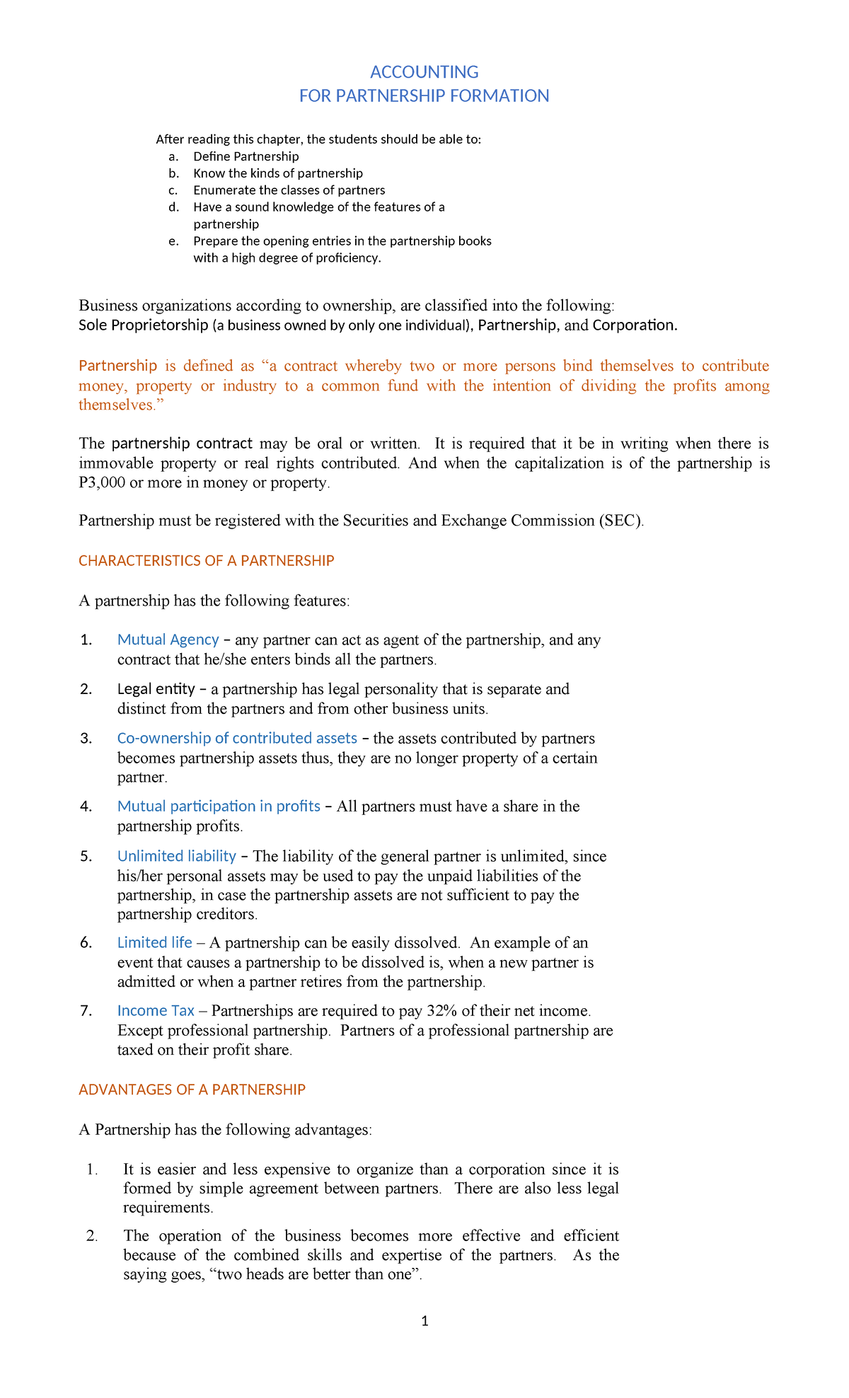 Accounting 101: Partnership Formation & Key Features Overview - Studocu