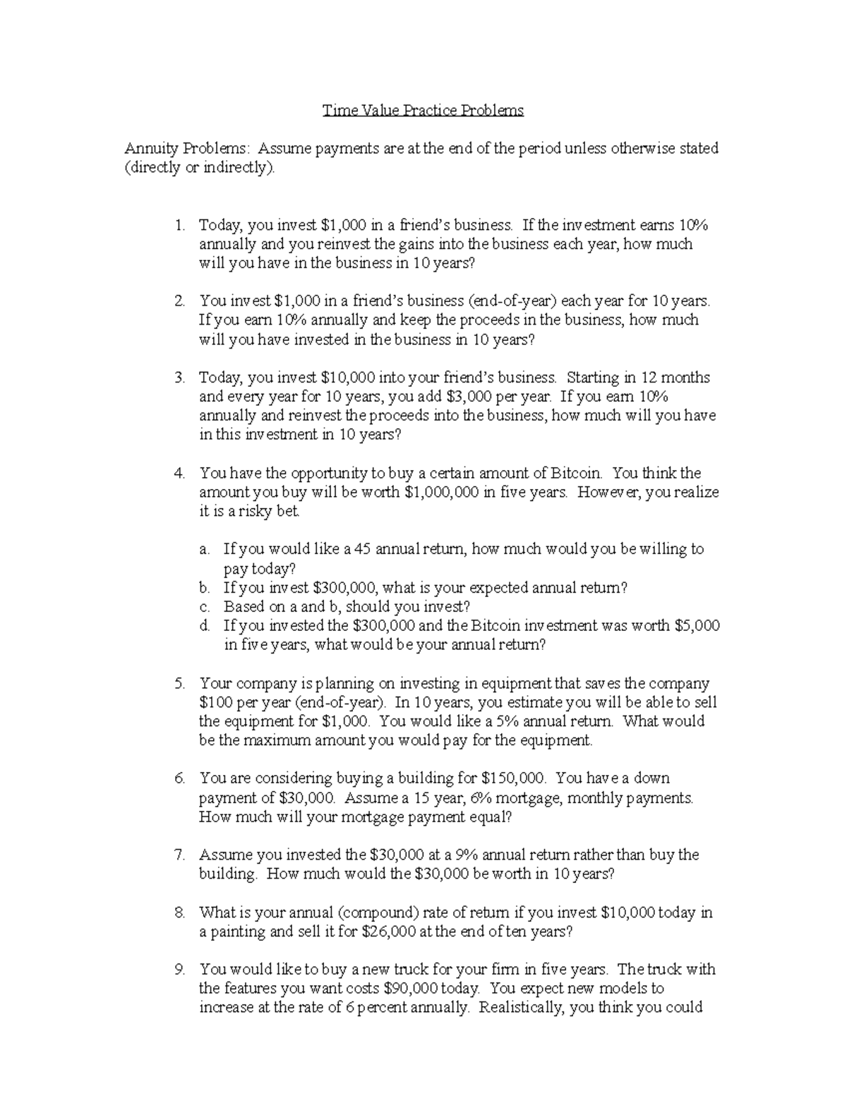 Time Value Practice Problems: Annuities & Investments Analysis - Studocu