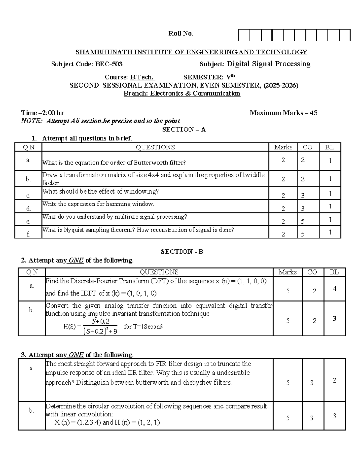 DSP-2025: B.Tech 5th Sem Second Sessional Exam Notes on Digital Signal ...
