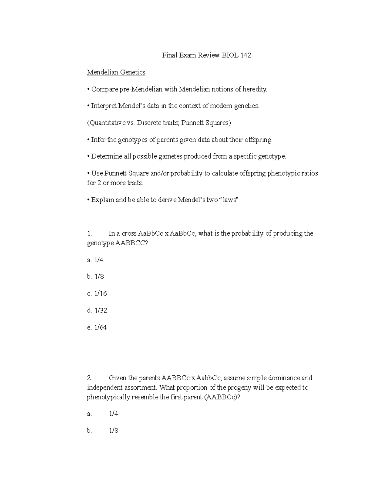 Final Exam Study Guide for BIOL 142: Genetics & Evolution Topics - Studocu