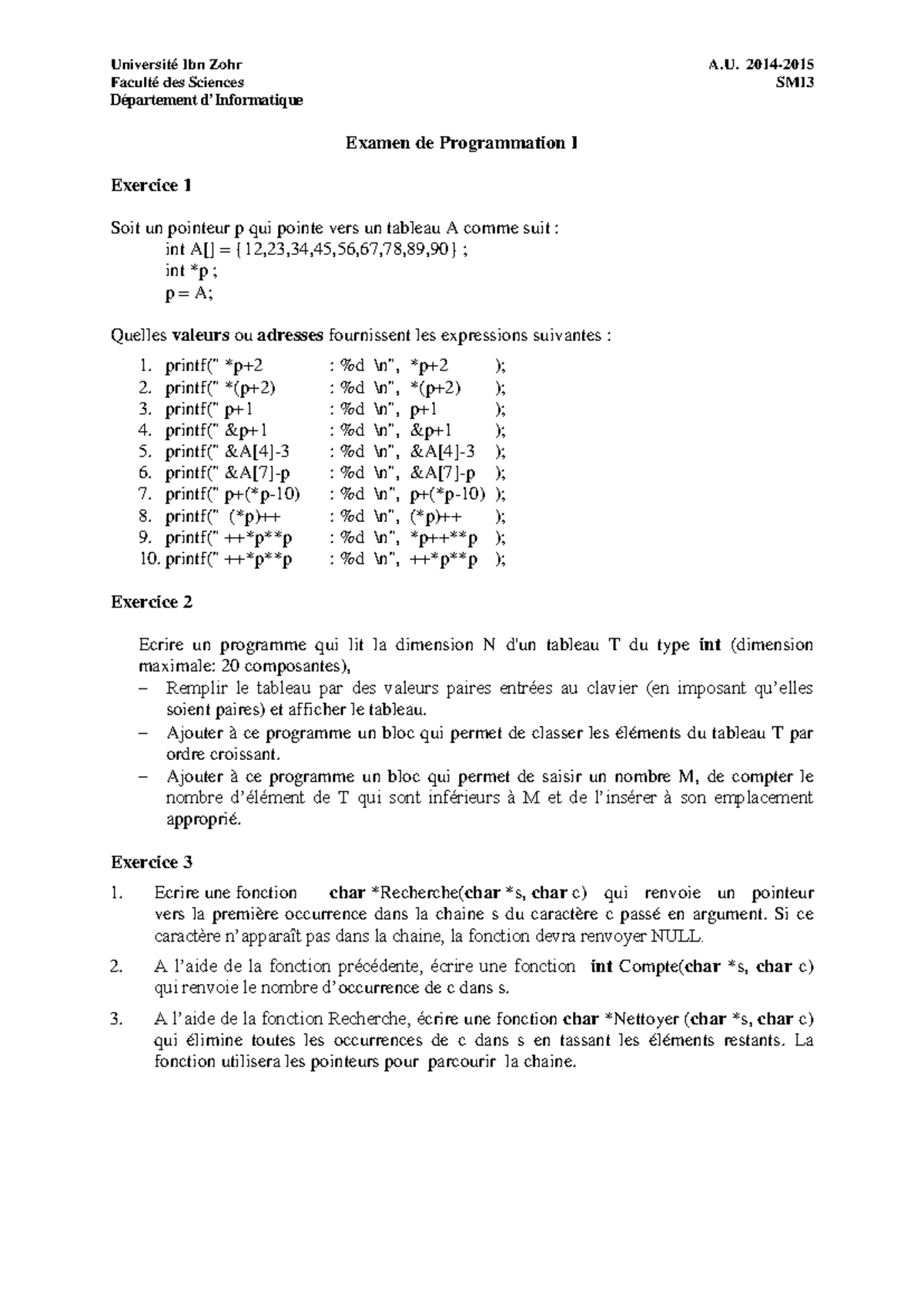 SMI3 Examen de Programmation I - Exercice et Solutions 2014-2015 - Studocu