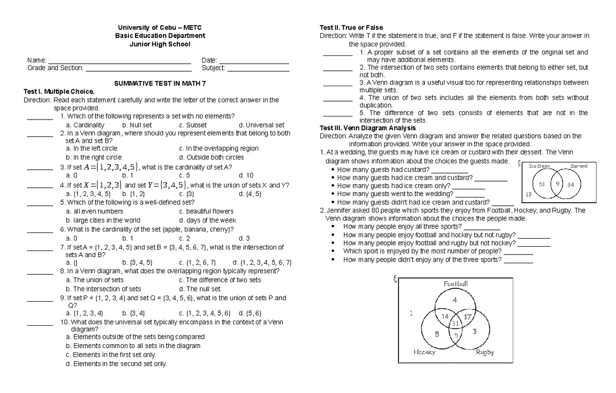 Math 7 Summative Test: Intro to Algebra & Expressions Operations - Studocu