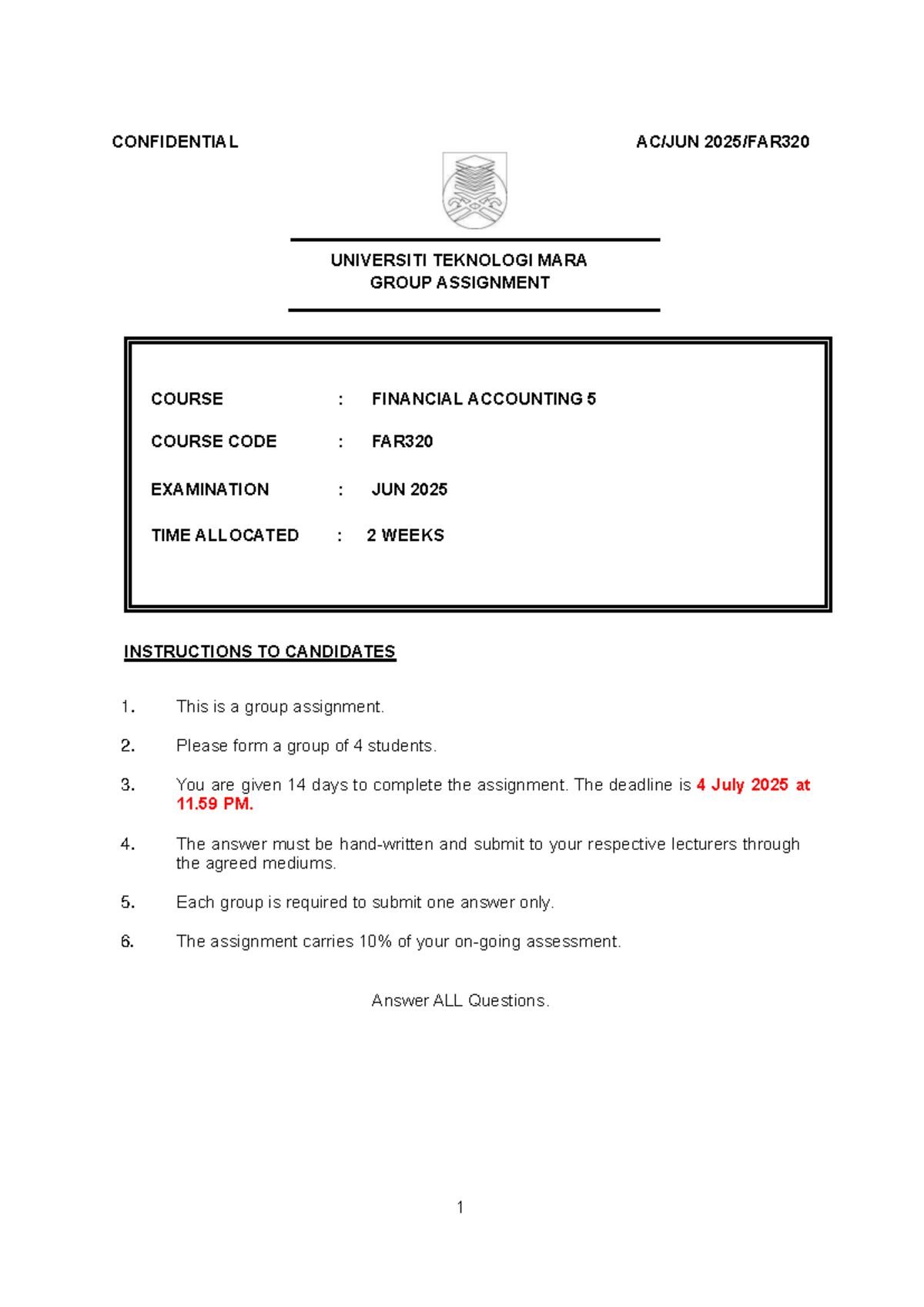 FAR320 Group Assignment: Financial Accounting 5 - June 2025 - Studocu