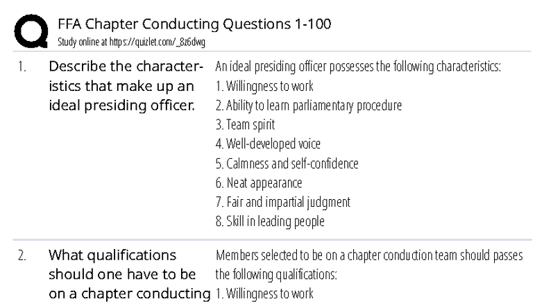 FFA Chapter Conducting Questions Study Guide - Studocu