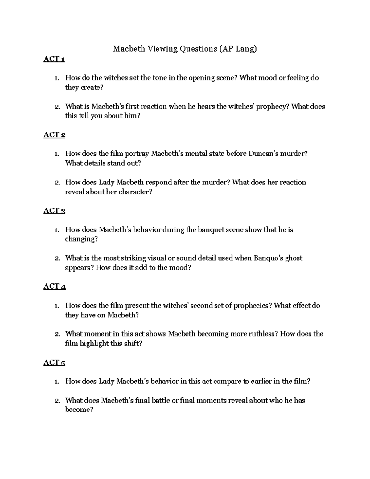 Macbeth Viewing Questions (AP Lang) - Act Analysis and Insights - Studocu