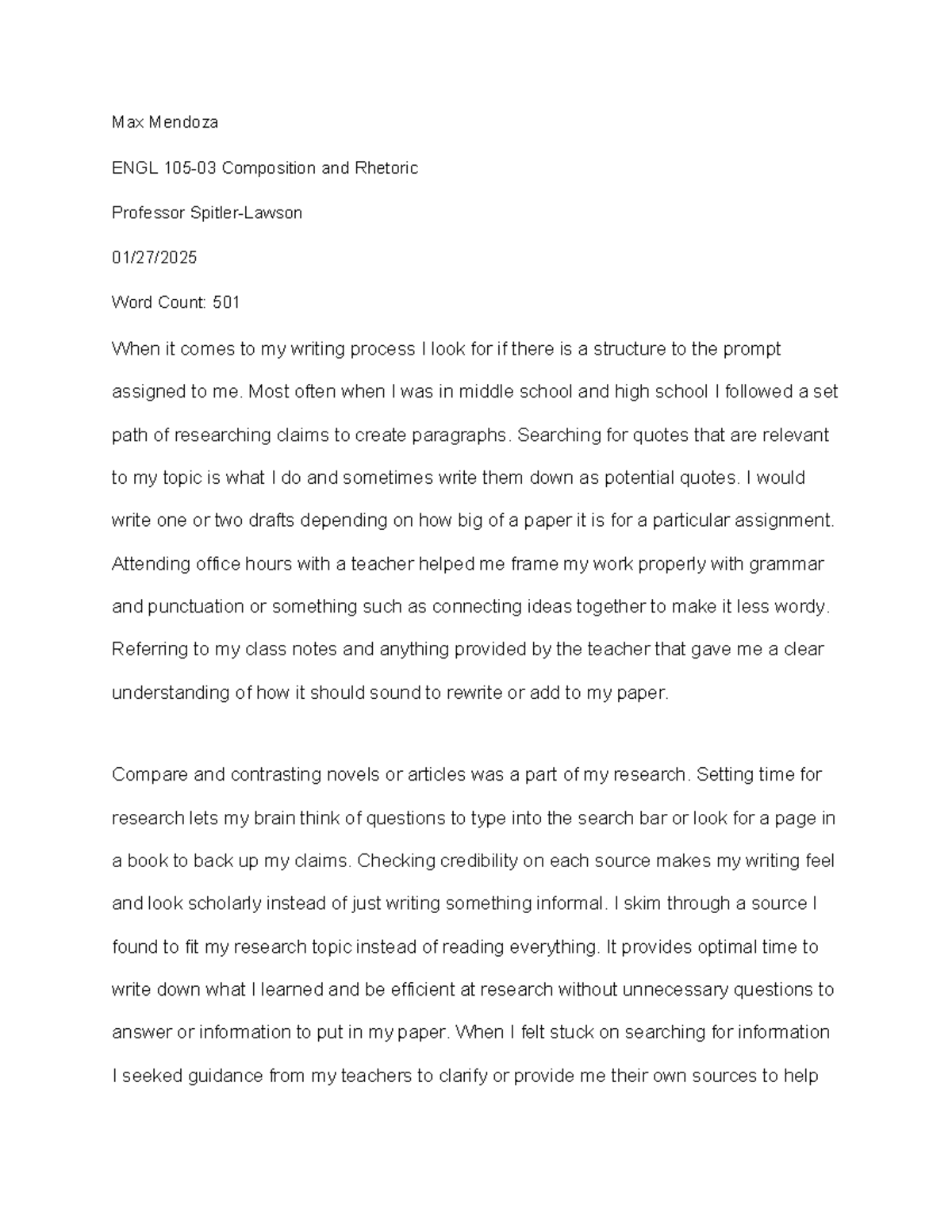ENGL Composition & Rhetoric: Mini-Essay 1 on Writing & Research Process ...