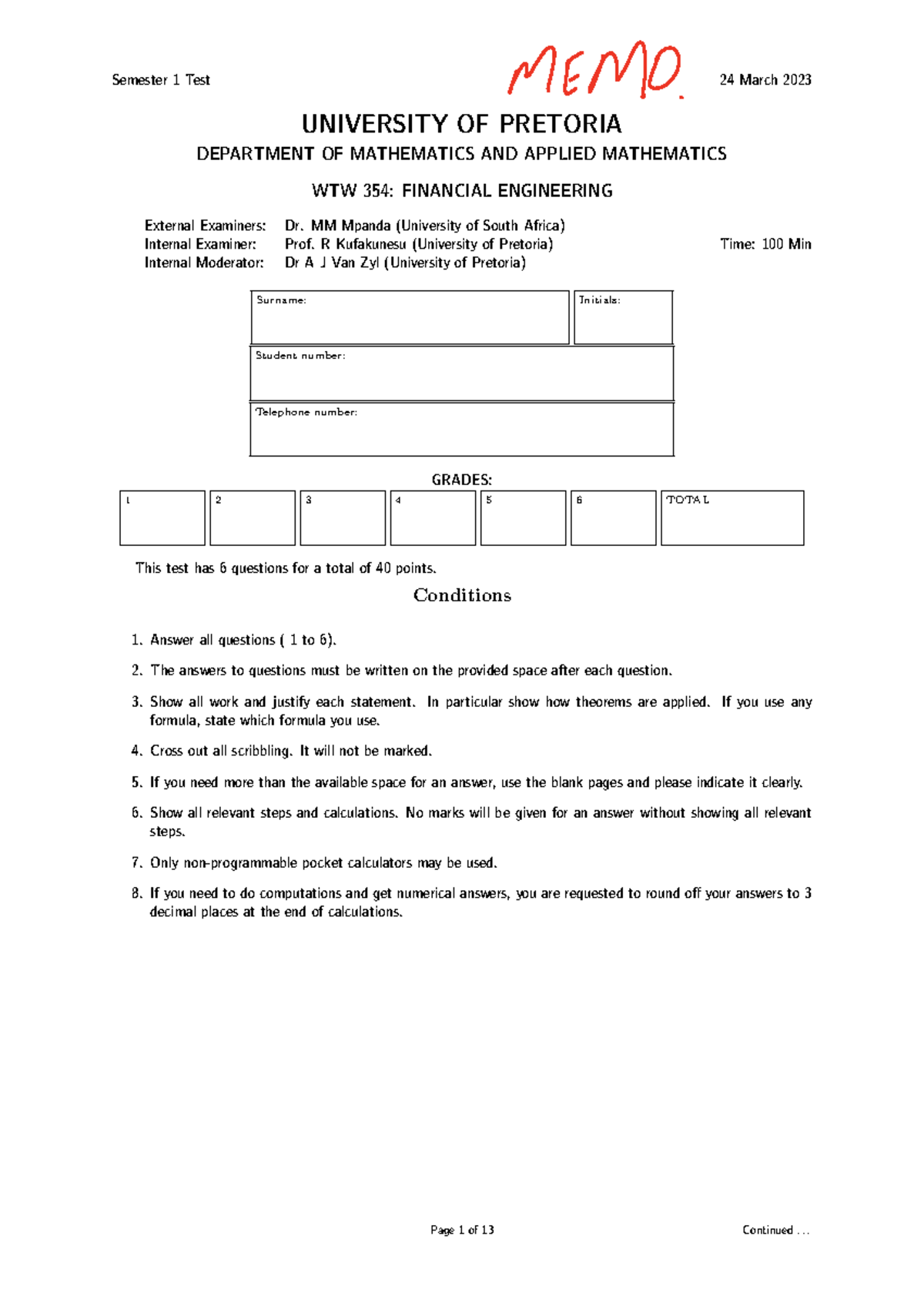 WTW 354: Financial Engineering Semester 1 Test Memo - March 2023 - Studocu