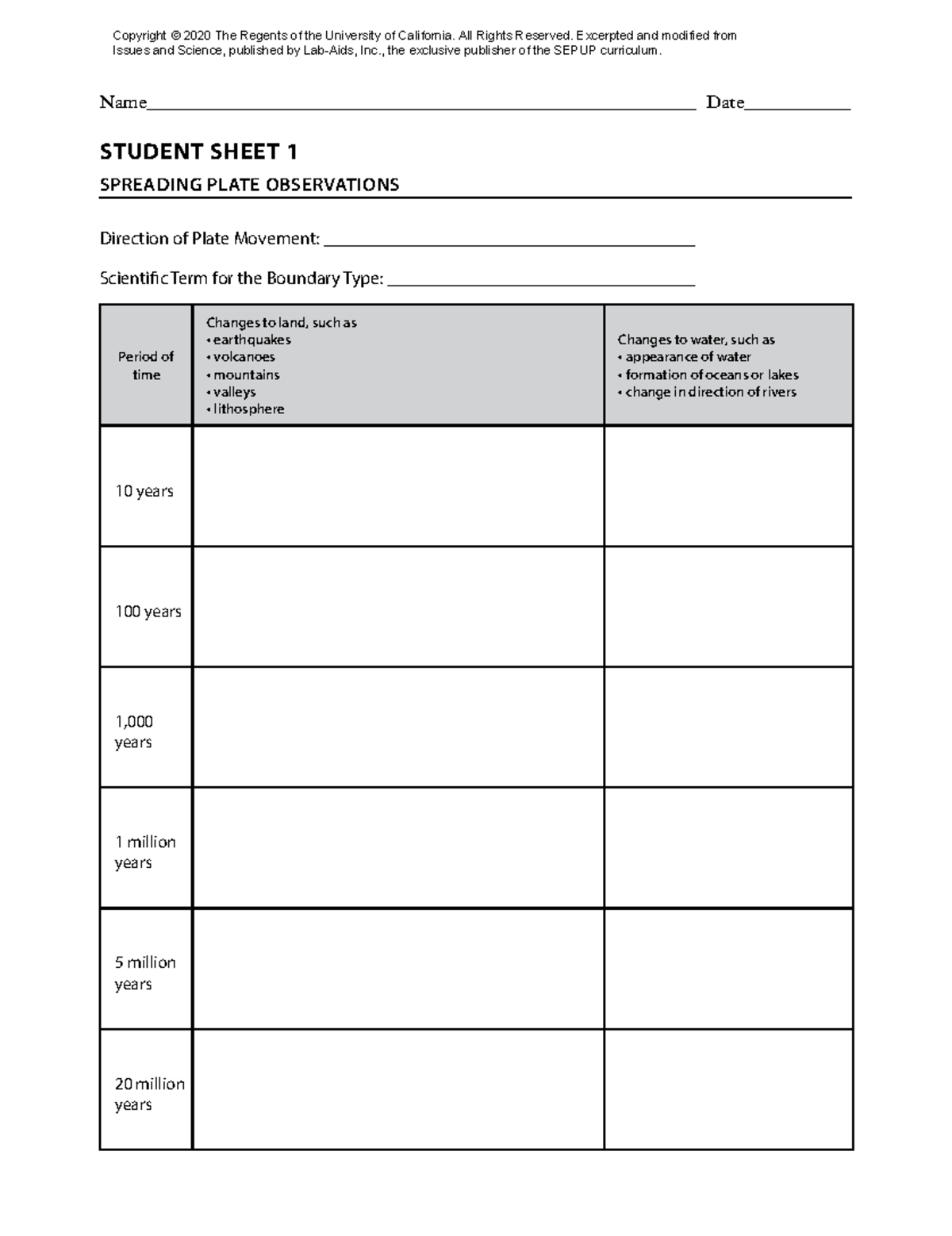 SEPUP Plate Boundaries Student Sheets: Observations & Movements - Studocu