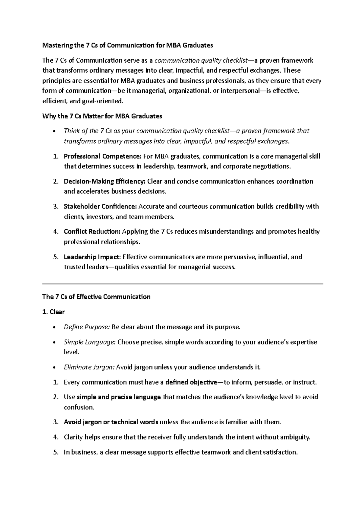 Mastering the 7 Cs of Communication for MBA Graduates - Studocu